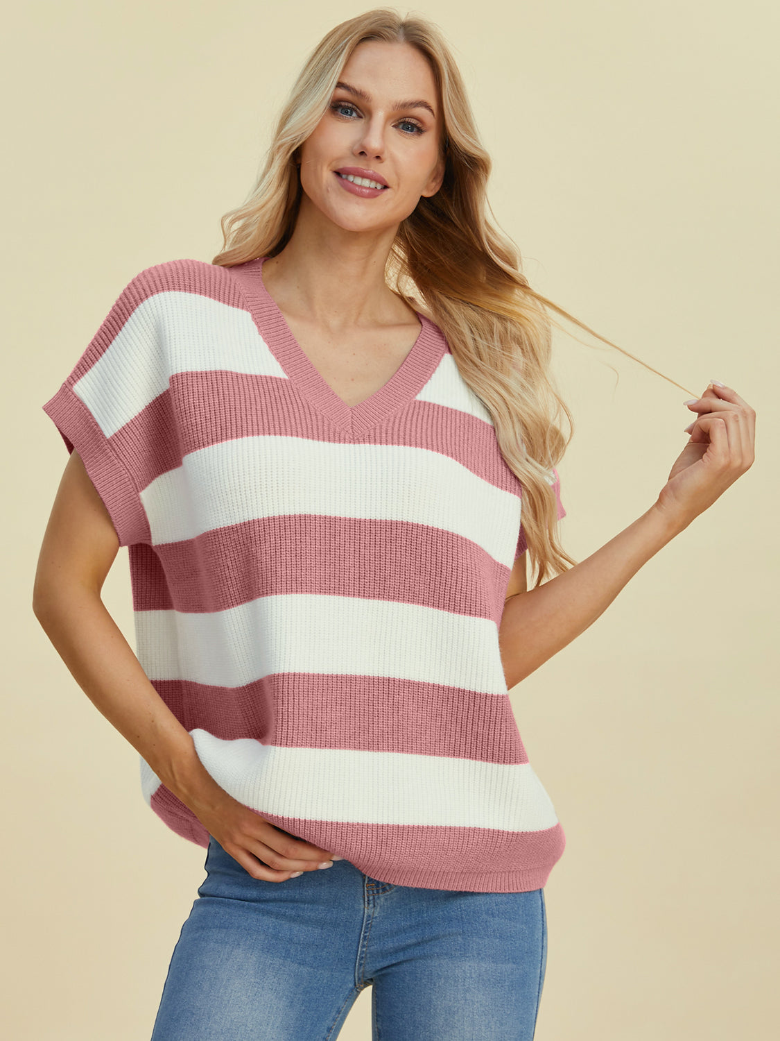 Double Take Full Size Striped V-Neck Short Sleeve SweaterFeatures: Basic style
Stretch: Moderate stretch
Material composition: 50% viscose, 29% polyester, 21% polyamide
Care instructions: Machine wash cold. Tumble dry low.-Neck Short Sleeve Sweater-Neck Short Sleeve Sweater