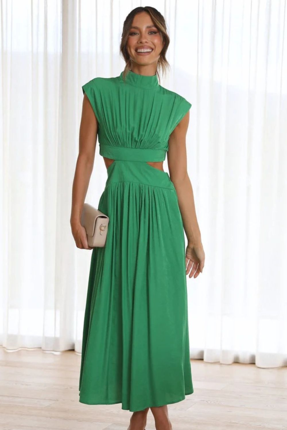 Cutout Mock Neck Sleeveless Ruched DressFeatures: Cutout
Sheer: Opaque
Stretch: Slightly stretchy
Body: Not lined
Material composition: 95% polyester, 5% spandex
Care instructions: Machine wash cold. TumblCutout Mock Neck Sleeveless Ruched DressCutout Mock Neck Sleeveless Ruched Dress