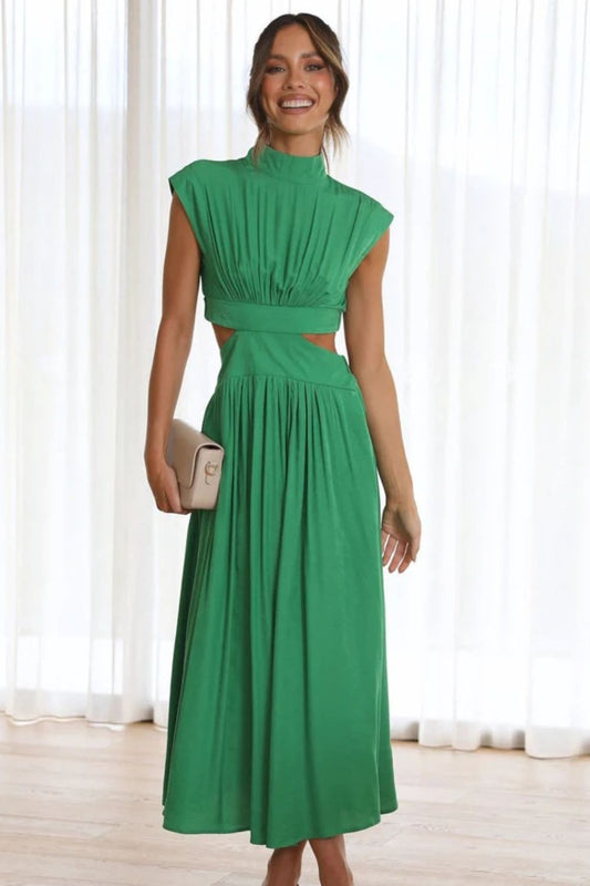 Cutout Mock Neck Sleeveless Ruched DressFeatures: Cutout
Sheer: Opaque
Stretch: Slightly stretchy
Body: Not lined
Material composition: 95% polyester, 5% spandex
Care instructions: Machine wash cold. TumblCutout Mock Neck Sleeveless Ruched DressCutout Mock Neck Sleeveless Ruched Dress