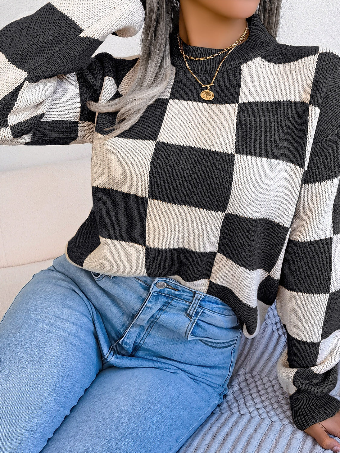 Checkered Mock Neck Long Sleeve SweaterFeatures: Basic style
Stretch: No stretch
Material composition: 100% acrylic
Care instructions: Machine wash cold. Tumble dry low.
Imported
Product Measurements (MeaCheckered Mock Neck Long Sleeve SweaterCheckered Mock Neck Long Sleeve Sweater