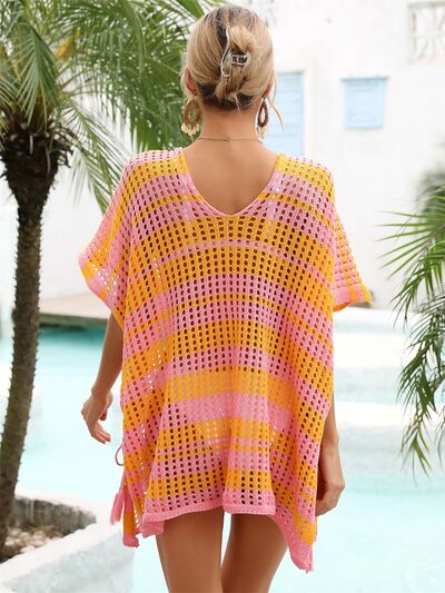 Angel Wings Tassel Openwork Striped V-Neck Cover UpFeatures: Openwork, Slit
Sheer: Semi-sheer
Stretch: Moderate stretch
Material composition: 100% polyester
Care instructions: Machine wash cold. Tumble dry low.
ImporAngel Wings Tassel Openwork StripedAngel Wings Tassel Openwork Striped