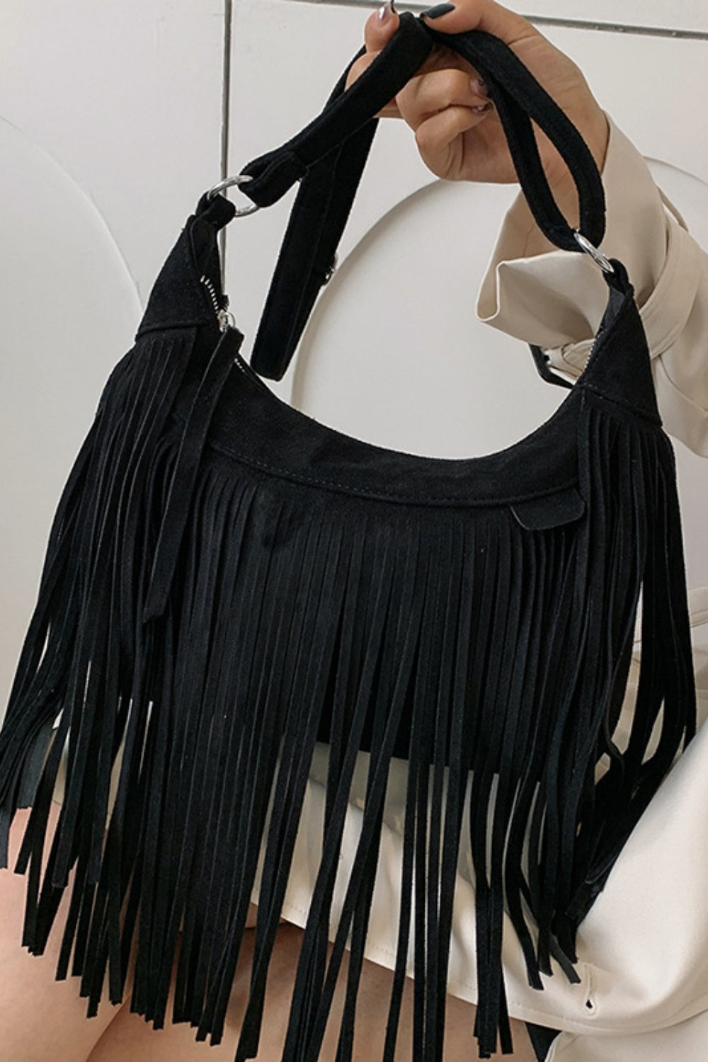 Suede Fringe Adjustable Strap Shoulder BagBag size: Small
Material: Suede
Imported
Product measurements:
Length 9.8 in, Width 3.1 in, Height 7.1 in, Weight 15.9 ozbag strapbag strap