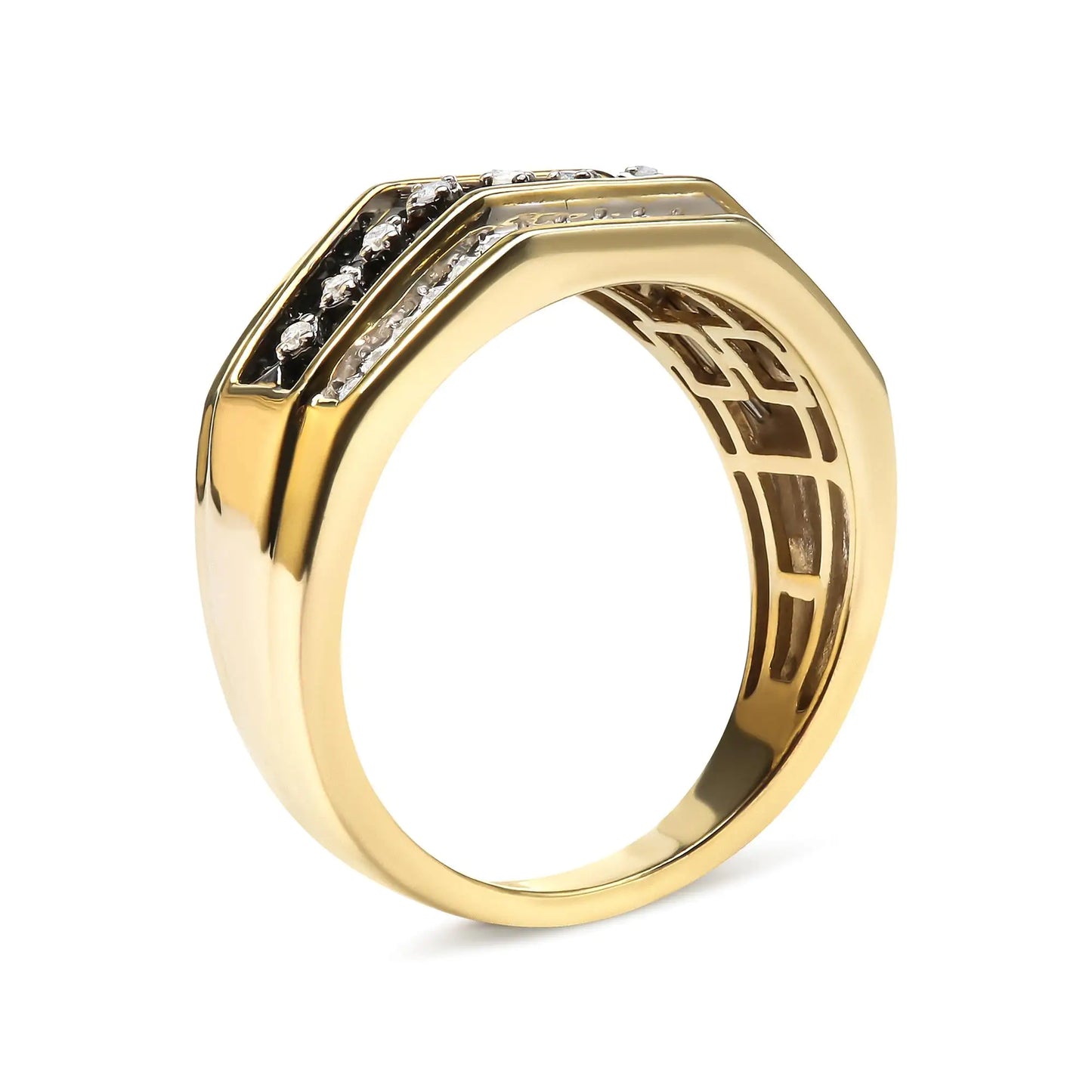 Men's 10K Yellow Gold 1 1/2 Cttw White and Black Treated Diamond ClustIndulge in luxury with our stunning Men's Black and White Diamond Band Ring. This remarkable piece is crafted from 10K Yellow Gold , creating an intricate and stylisMen'RingMen'