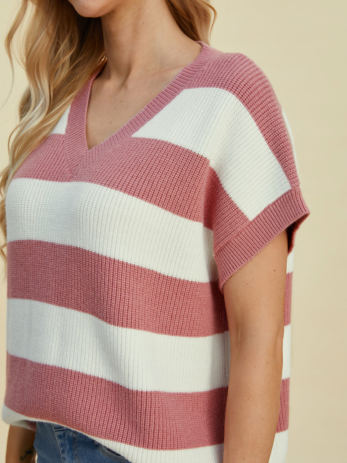 Double Take Full Size Striped V-Neck Short Sleeve SweaterFeatures: Basic style
Stretch: Moderate stretch
Material composition: 50% viscose, 29% polyester, 21% polyamide
Care instructions: Machine wash cold. Tumble dry low.-Neck Short Sleeve Sweater-Neck Short Sleeve Sweater