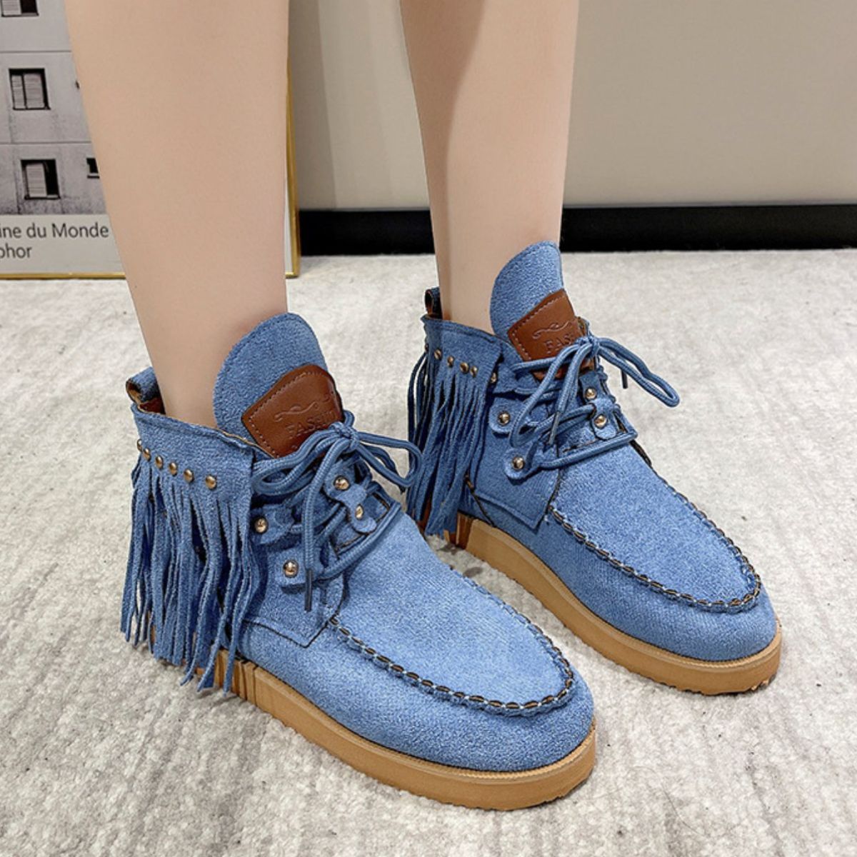 Fringe Studded Round Toe Canvas BootsIncludes: Box not included
Heel height: Flats
Material: Canvas, Rubber
Imported
Product Measurements (Measurements by inches) &amp; Size Conversion

Size
Foot lengthFringe Studded Round Toe Canvas BootsFringe Studded Round Toe Canvas Boots