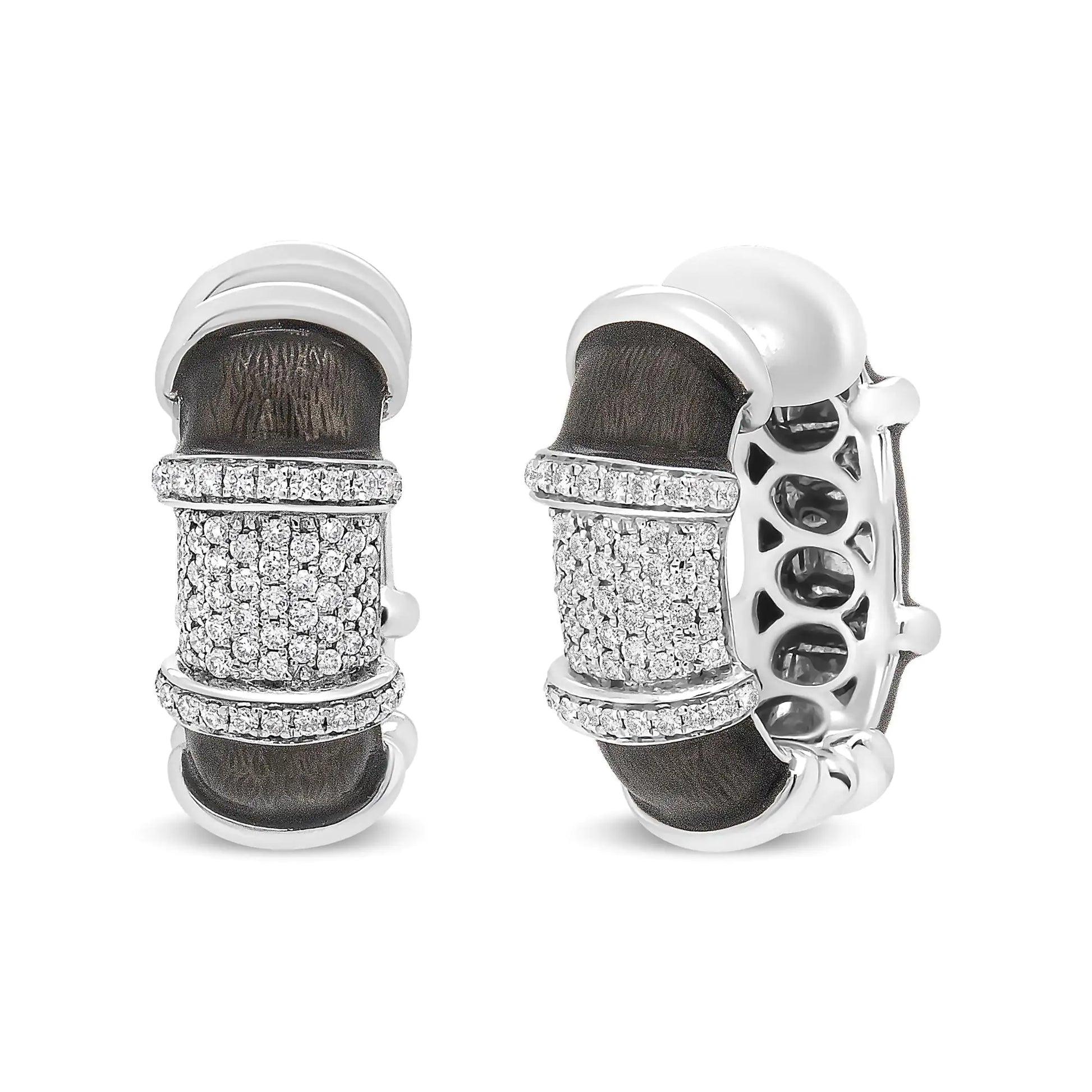 18K White Gold Flash Plated Sterling Silver Huggie Hoop Earrings with Diamonds and Graphite Grey Enamel.