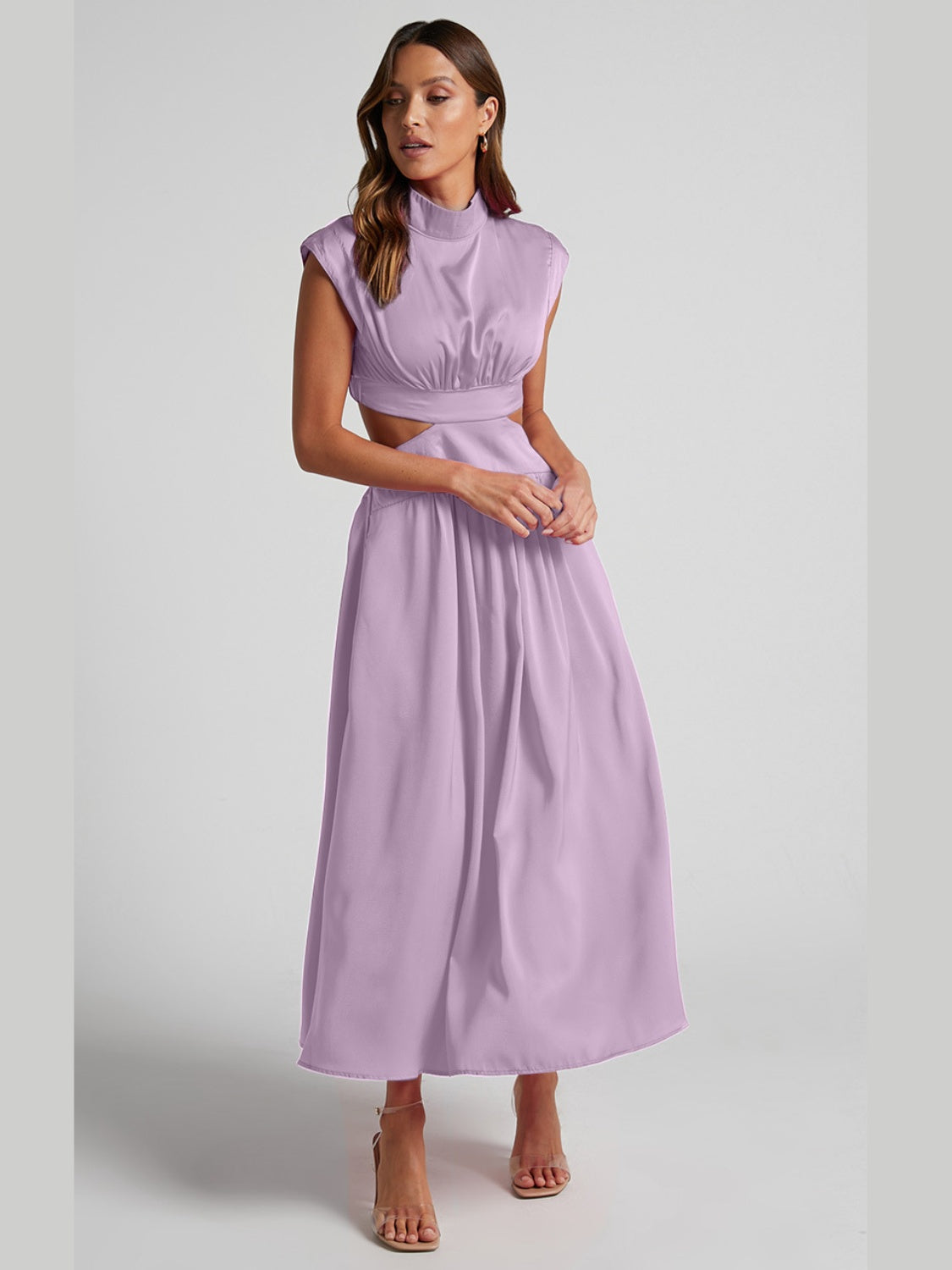 Cutout Mock Neck Sleeveless Ruched DressFeatures: Cutout
Sheer: Opaque
Stretch: Slightly stretchy
Body: Not lined
Material composition: 95% polyester, 5% spandex
Care instructions: Machine wash cold. TumblCutout Mock Neck Sleeveless Ruched DressCutout Mock Neck Sleeveless Ruched Dress