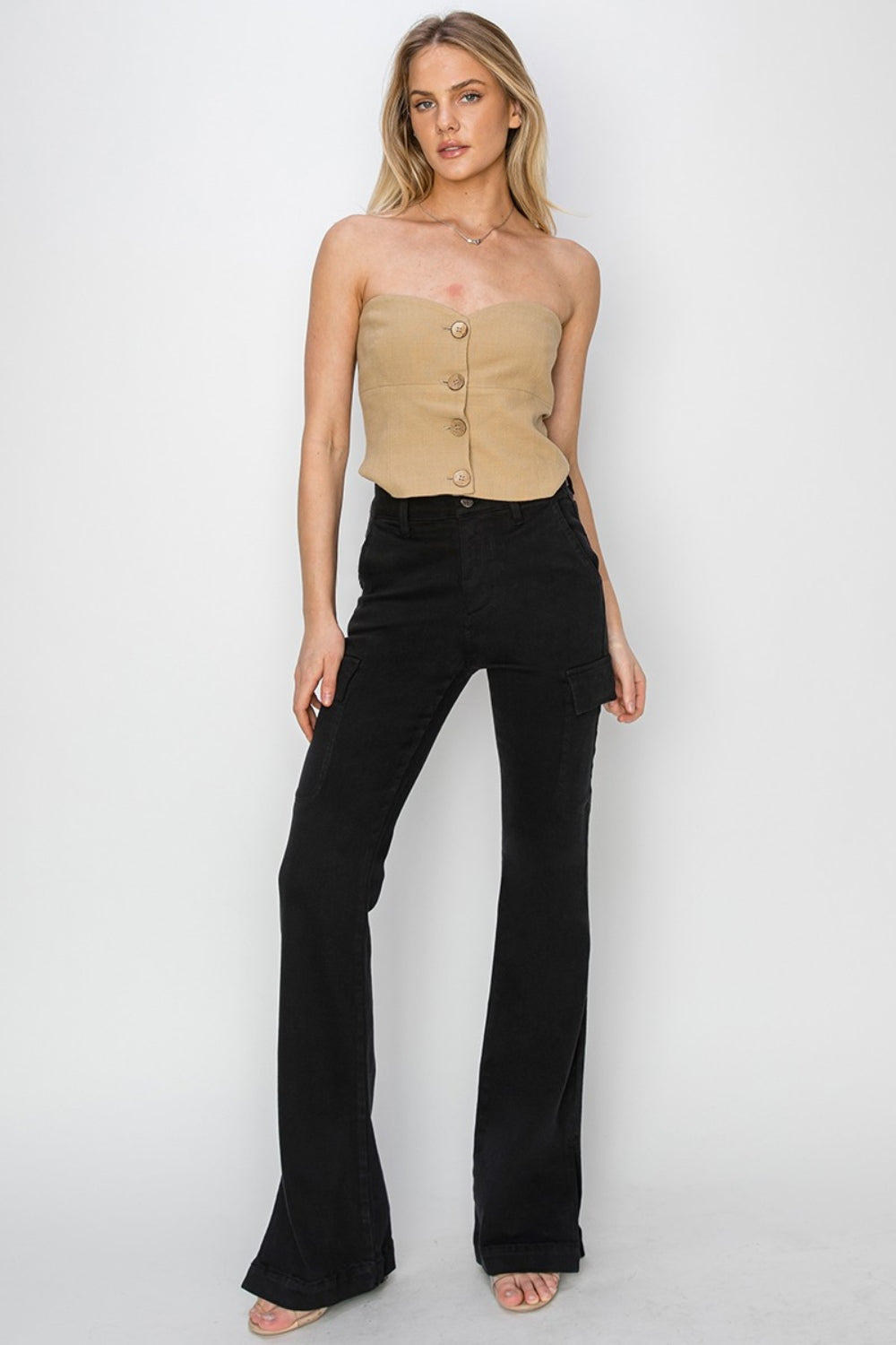 RISEN Full Size High Rise Side Slit Cargo Bootcut JeansElevate your denim game with these high-rise side slit cargo bootcut jeans. The unique design features a flattering high waist and a trendy bootcut leg silhouette. TRISEN Full Size High Rise Side Slit Cargo Bootcut JeansRISEN Full Size High Rise Side Slit Cargo Bootcut Jeans