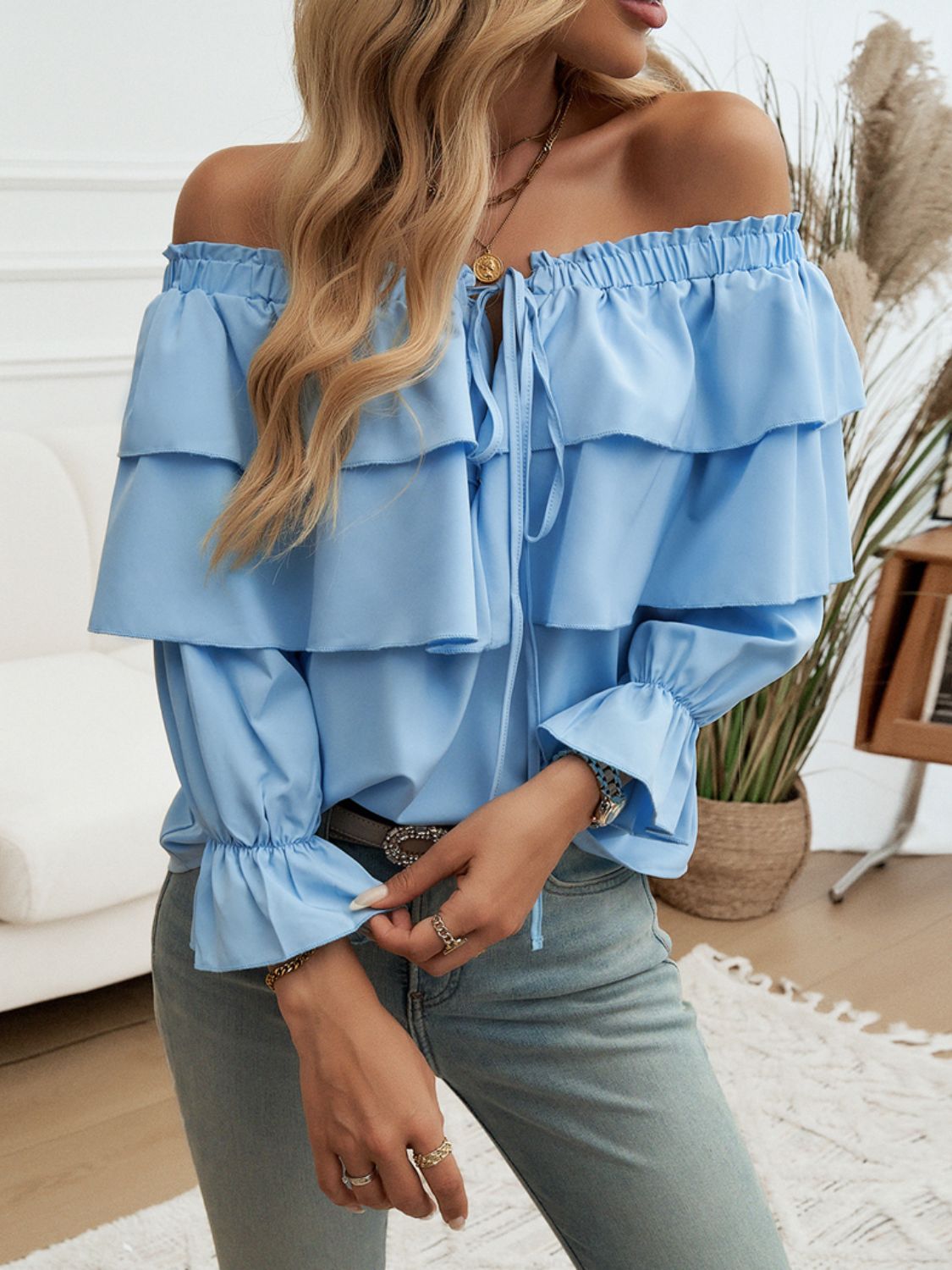 Devine Off-Shoulder Flounce Sleeve BlouseFeatures: Drawstring, Ruffled
Sheer: Opaque
Stretch: No stretch
Material composition: 100% polyester
Care instructions: Machine wash cold. Tumble dry low.
Imported
P-Shoulder Flounce Sleeve BlouseTee Shirt-Shoulder Flounce Sleeve Blouse