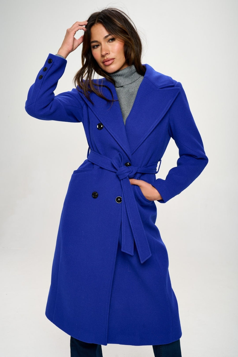 Coalition LA Double-Breasted Longline Coat with BeltThis double-breasted longline coat with belt is a sophisticated and stylish outerwear option. The double-breasted design adds a timeless and elegant touch to the coaCoalition LA Double-Breasted Longline CoatCoalition LA Double-Breasted Longline Coat