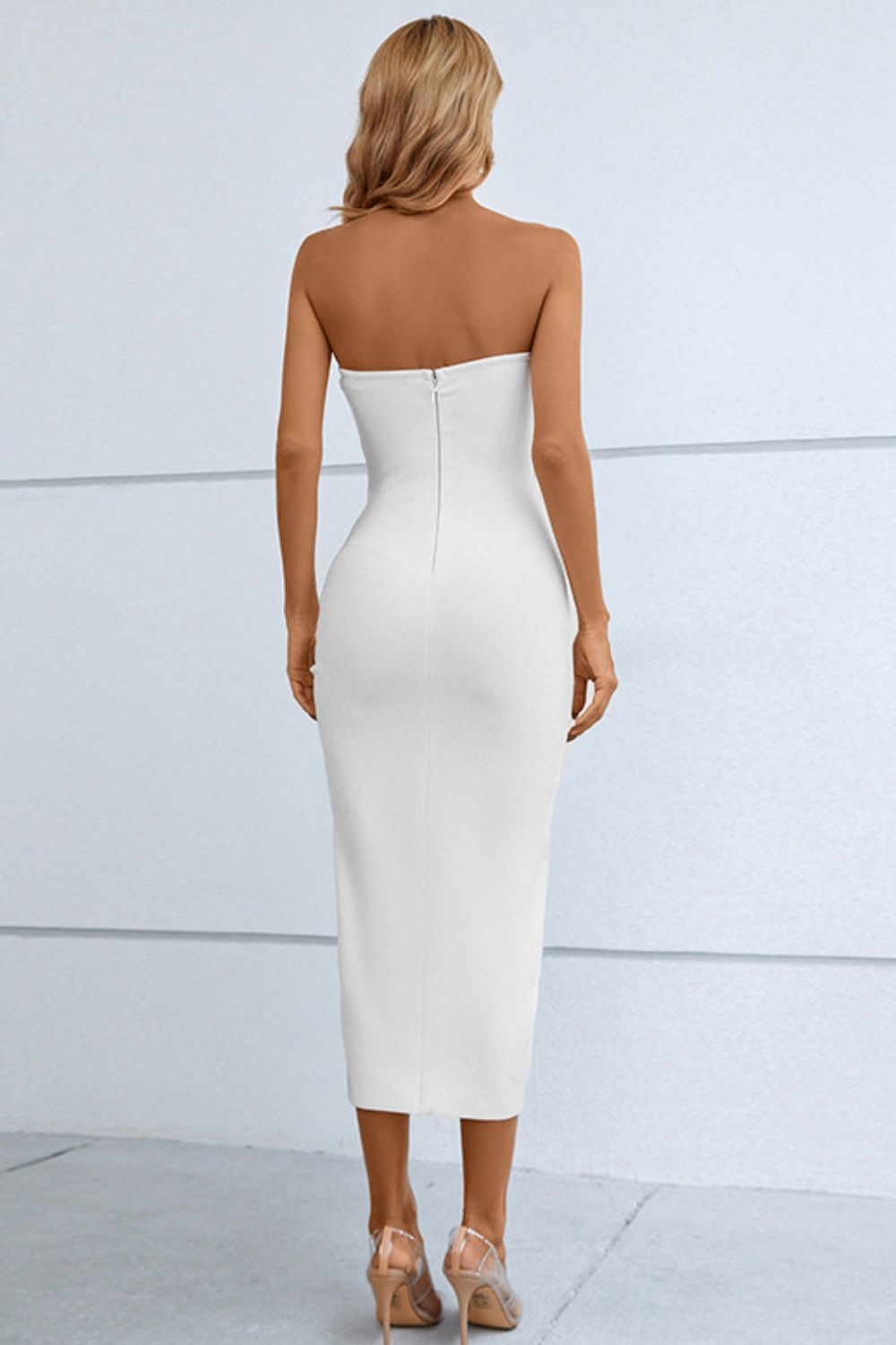 Cutout Strapless Drawstring Detail Split Bandage DressIntroducing our Cutout Strapless Drawstring Detail Split Bandage Dress. Designed to accentuate your curves while keeping you comfortable with its drawstring detail. Cutout Strapless Drawstring Detail Split Bandage DressCutout Strapless Drawstring Detail Split Bandage Dress