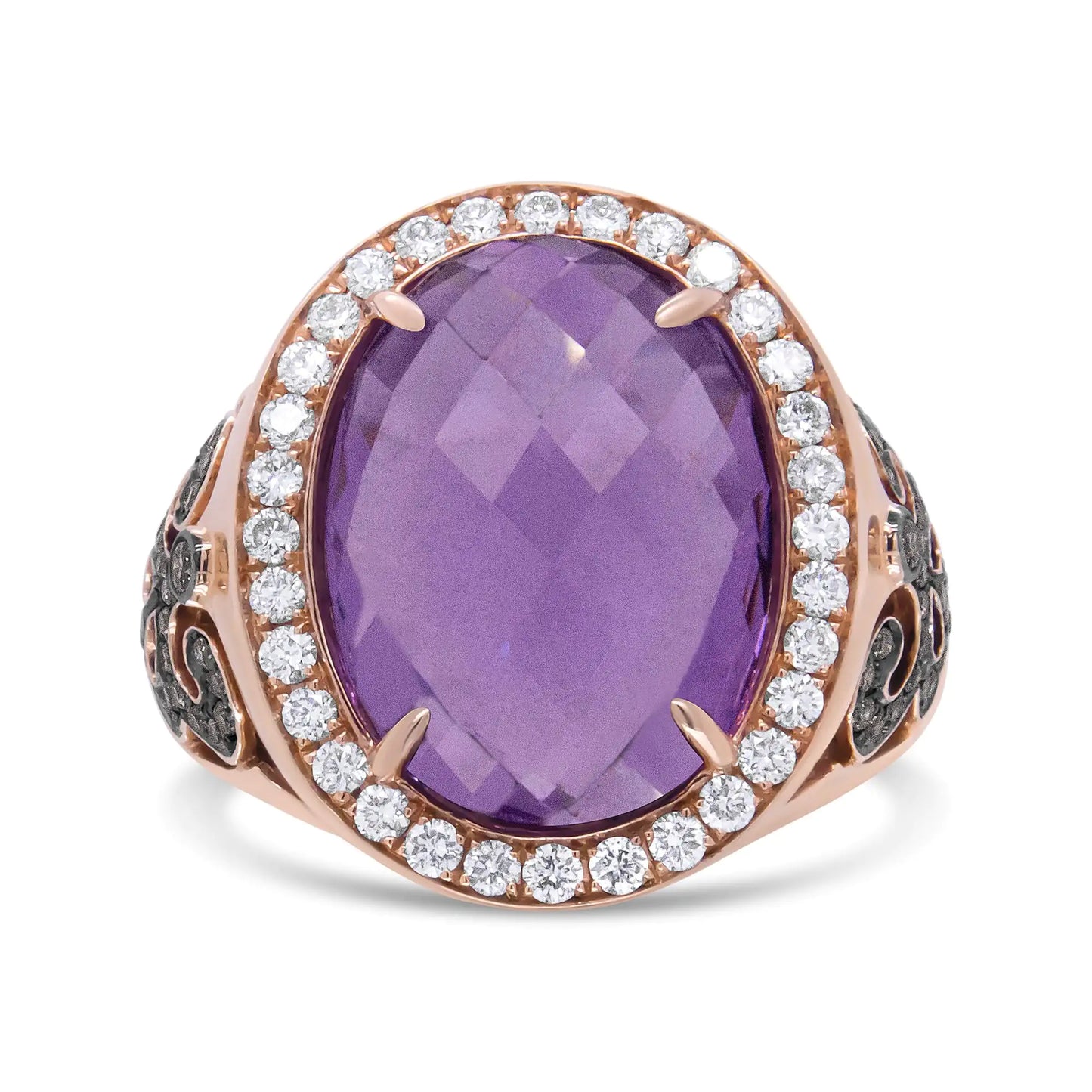 18K Rose Gold 18x13 MM Oval Cut Purplse Amethyst and 1.00 Cttw DiamondA beautiful oval shaped purple amethyst captivates the soul of this once-in-a-lifetime ring. Sitting as the central motif, the gemstone is 18x13mm in size and rests 18K Rose Gold 18x13 MM Oval Cut Purplse Amethyst18K Rose Gold 18x13 MM Oval Cut Purplse Amethyst