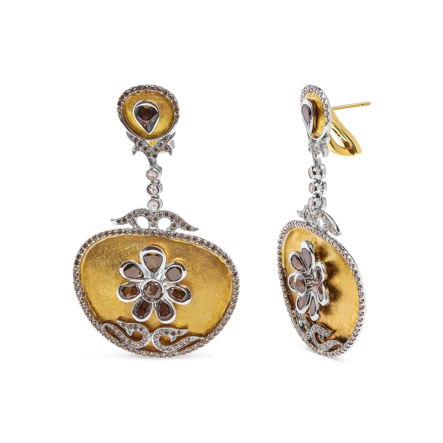 14K White & Yellow Gold Medallion Dangle Earrings – 5 1/4 CTTW Rose-CuExperience luxurious sophistication with these 14K White &amp; Yellow Gold Medallion Dangle Earrings, featuring an impressive 5 1/4 carats total diamond weight (CTTW14K White & Yellow Gold Medallion Dangle Earrings – 5 14 CTTW Rose-Cut Diamond EleganceEarrings14K White & Yellow Gold Medallion Dangle Earrings – 5 14 CTTW Rose-Cut Diamond Elegance