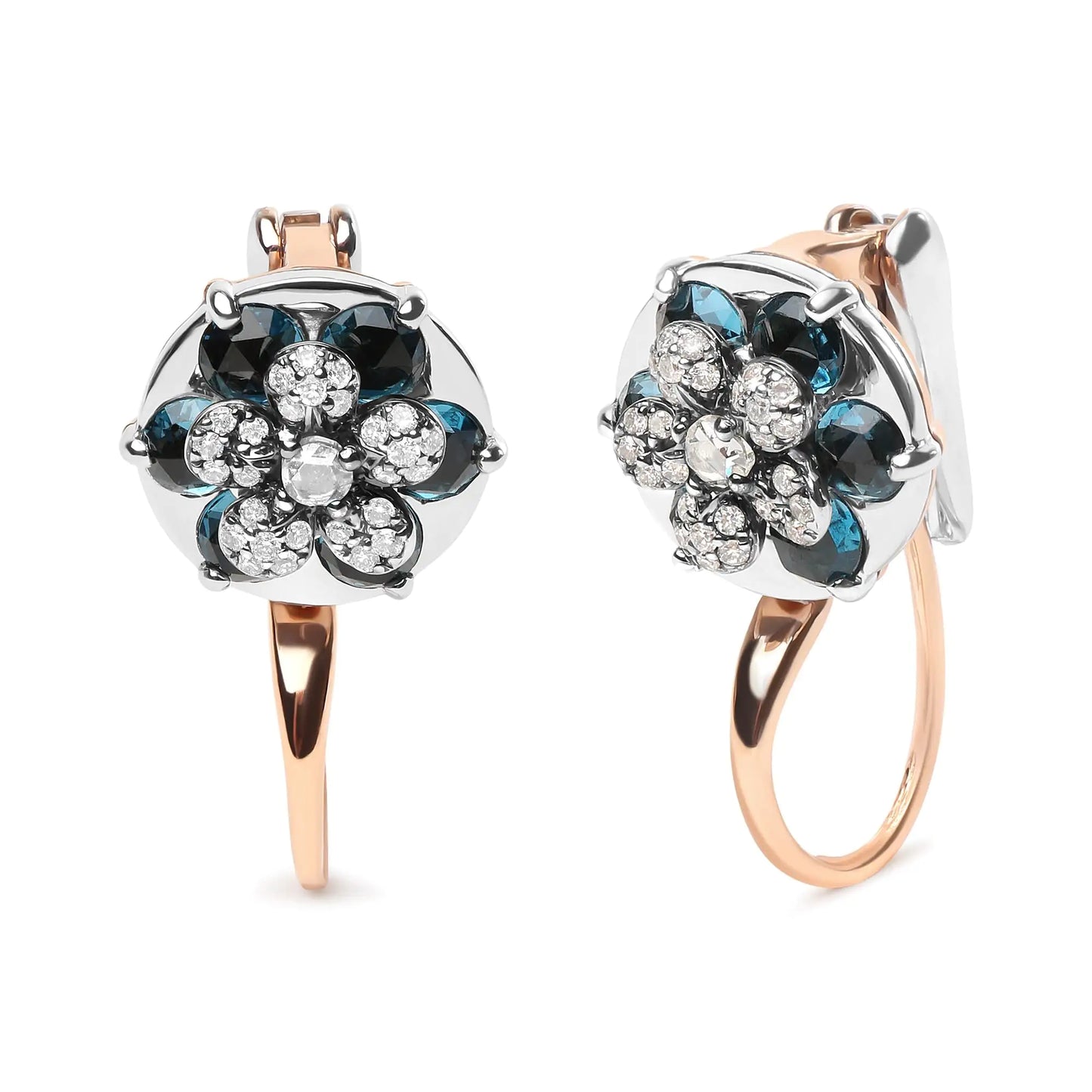 18K Rose and White Gold 1/3 Cttw Round Diamonds and Round London Blue The decadent color of these 18k white and rose gold drop hoop earrings is mesmerizing! Natural 2.6mm round heat-treated London blue topaz gemstones radiate their war18K Rose18K Rose