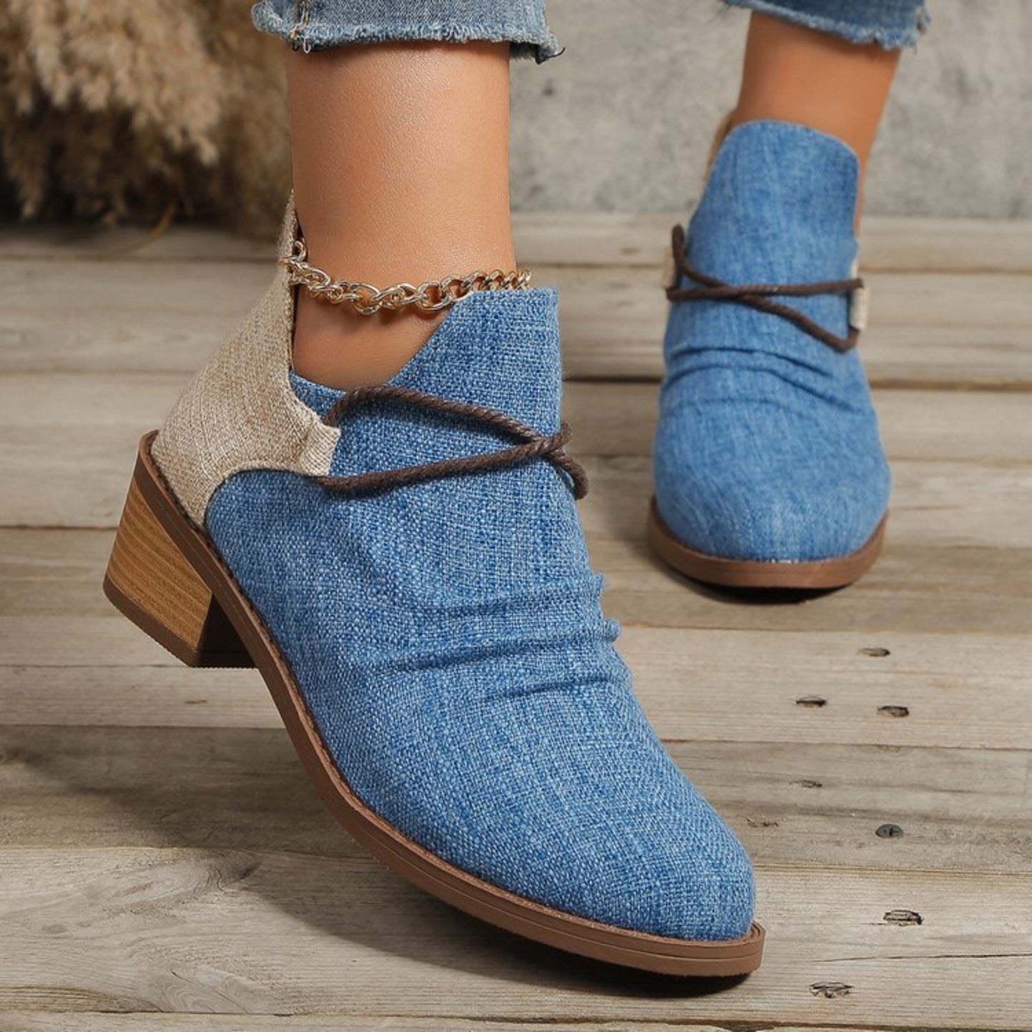 Contrast Canvas Low Heel BootsStep up your style game with these Contrast Canvas Low Heel Boots. Featuring a trendy mix of textures with durable canvas and sleek detailing, these boots offer a peContrast Canvas Low Heel BootsShoesContrast Canvas Low Heel Boots