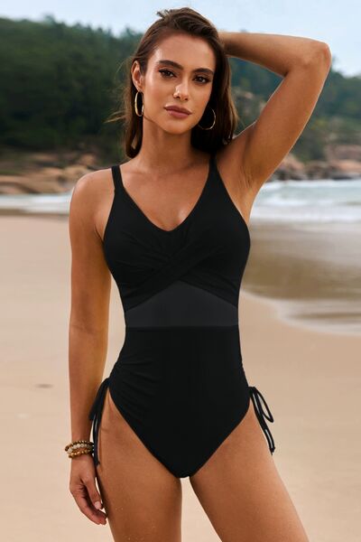 Drawstring Ruched V-Neck One-Piece SwimwearFeatures: Drawstring, Crisscross
Chest pad: Removable padding
Underwire: No underwire
Stretch: Stretchy
Material composition: 80% polyamide，20% elastane
Care instrucDrawstring RuchedDrawstring Ruched