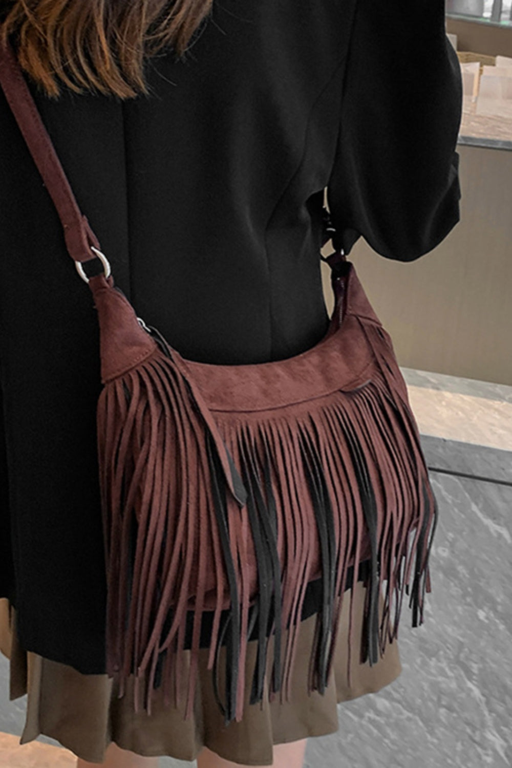 Suede Fringe Adjustable Strap Shoulder BagBag size: Small
Material: Suede
Imported
Product measurements:
Length 9.8 in, Width 3.1 in, Height 7.1 in, Weight 15.9 ozbag strapbag strap