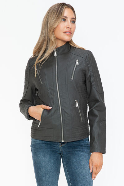 Snobbish Faux Leather Zip Up Mock Neck JacketThe Faux Leather Zip Up Mock Neck Jacket is a sleek and versatile outerwear piece. Made from durable faux leather, this jacket features a stylish mock neck design anSnobbish Faux Leather ZipSnobbish Faux Leather Zip