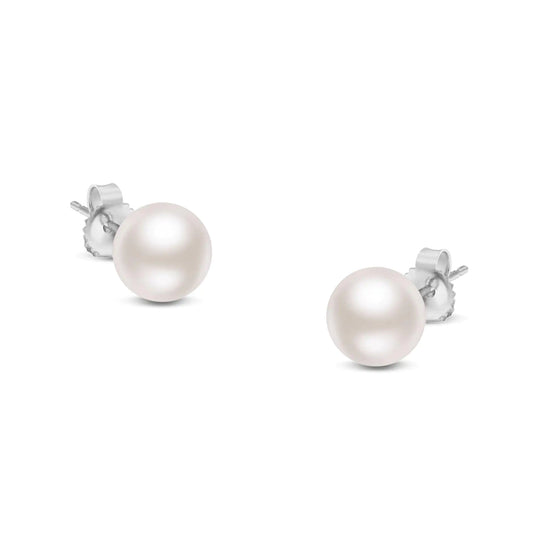 Akoya Pearl Stud Earrings in 14K Gold, showcasing lustrous, round pearls with timeless elegance, available in white or yellow gold.