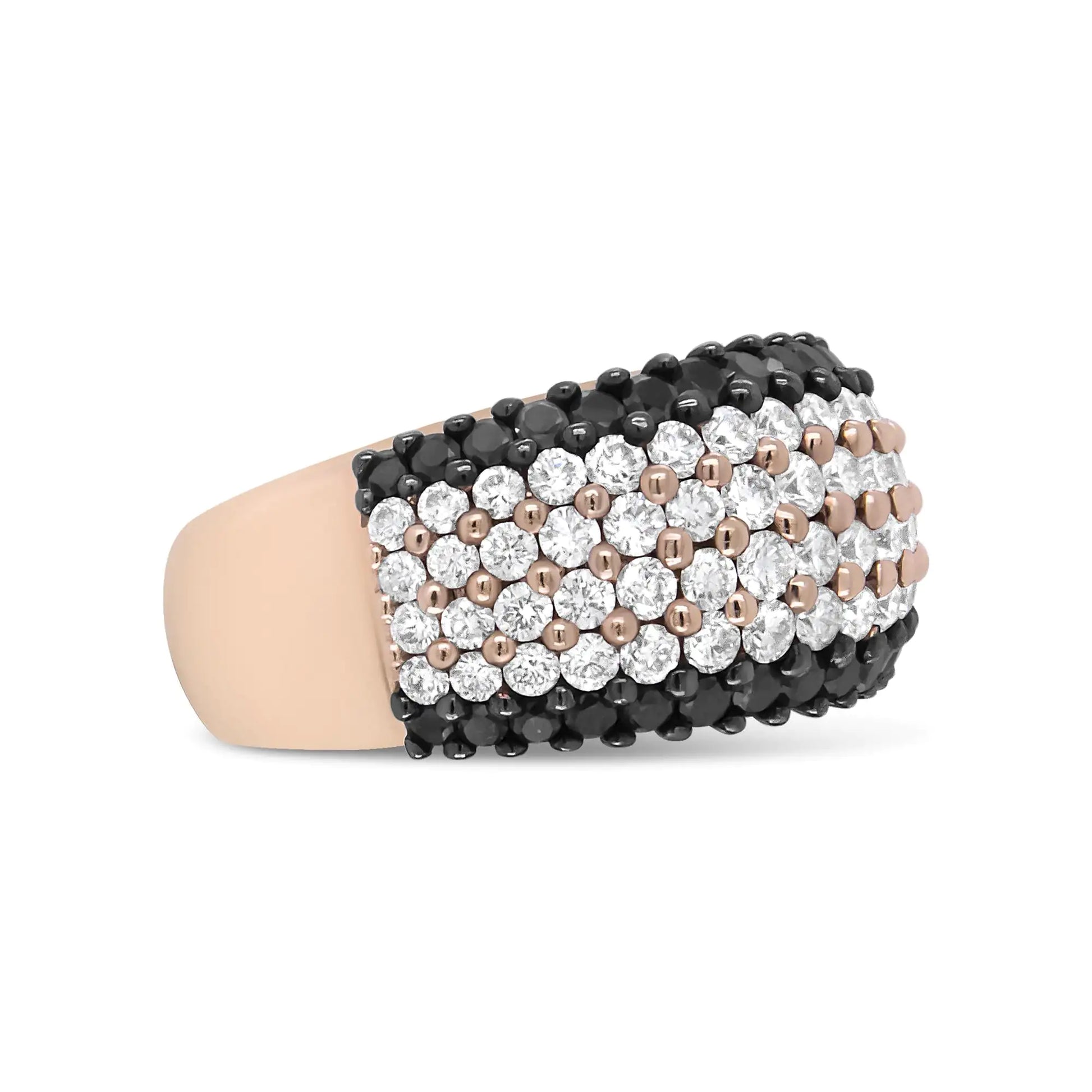 18K Rose Gold 2 1/5 Cttw Black and White Diamond 6 Row Band Ring (F-G Pops of rose gold dance delicately across this black and white colored piece. The 18k rose gold band has 4 central rows of natural white diamonds flanked by a row of18K Rose Gold 2 15 Cttw Black18K Rose Gold 2 15 Cttw Black