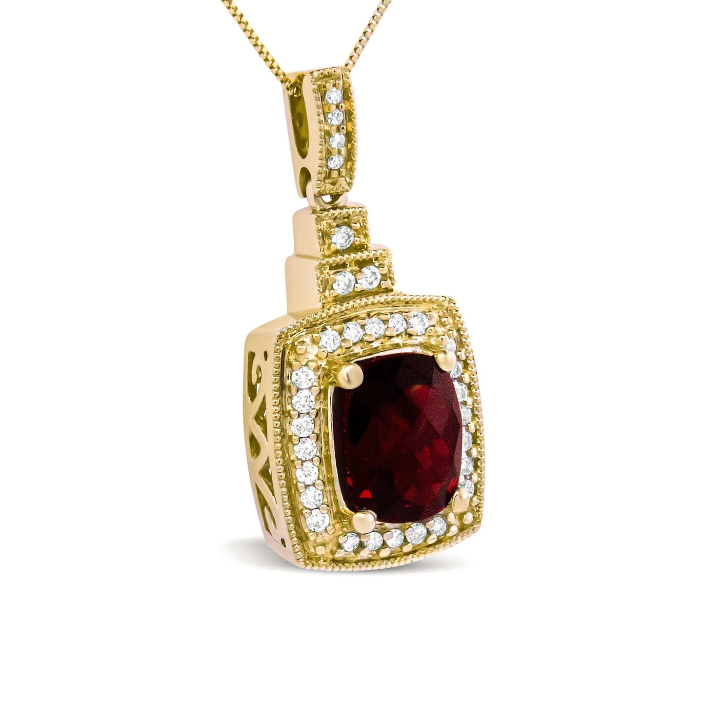 14K Yellow Gold 1/5 Cttw Round Diamond and 9x7mm Cushion Cut Red GarneThis 14k yellow gold pendant necklace is alive with feminine energy and grace, emboldened by a stunning checkerboard-cut red garnet centerpiece in a prong setting. T14K Yellow Gold 15 Cttw Round Diamond14K Yellow Gold 15 Cttw Round Diamond