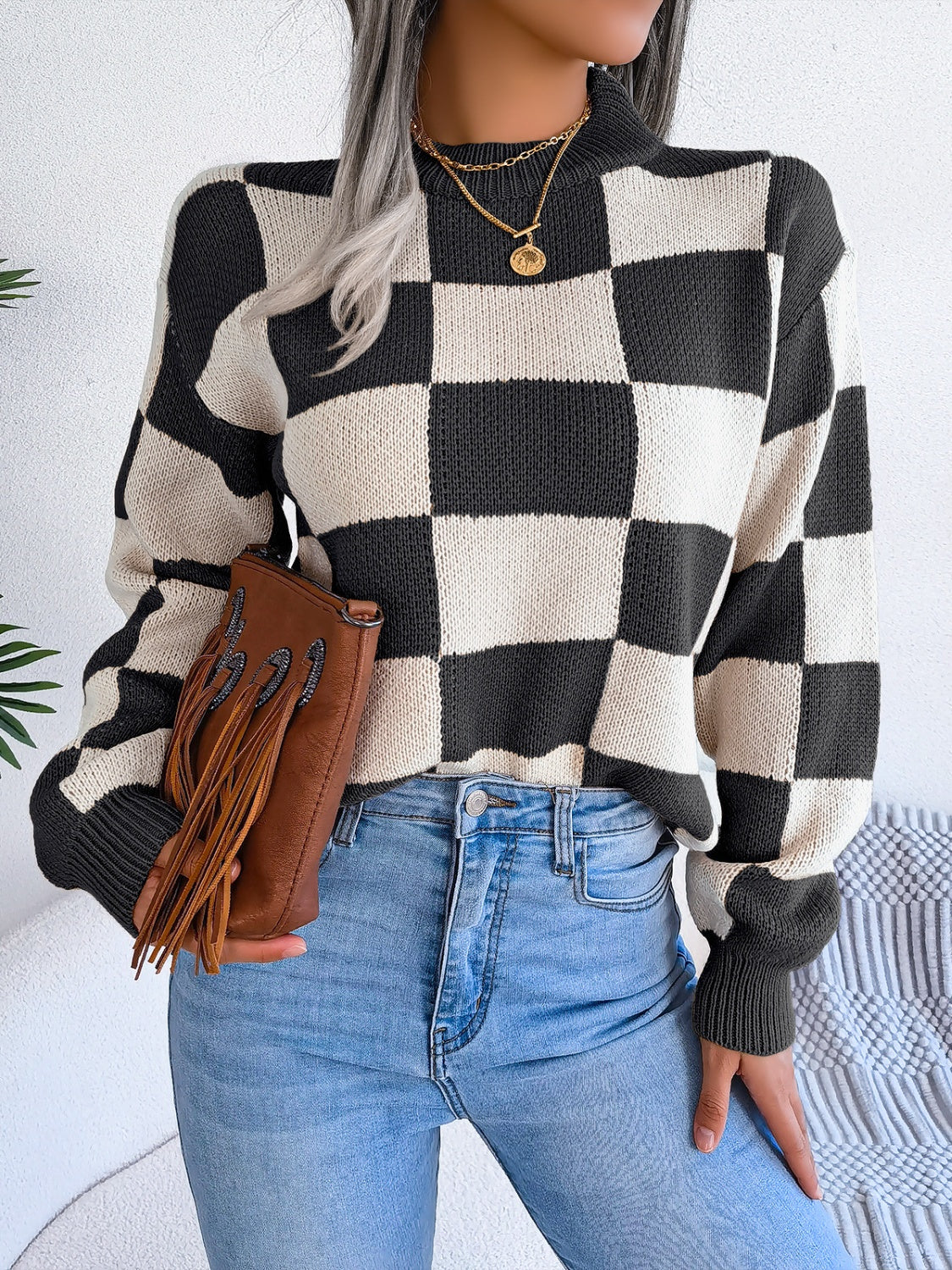 Checkered Mock Neck Long Sleeve SweaterFeatures: Basic style
Stretch: No stretch
Material composition: 100% acrylic
Care instructions: Machine wash cold. Tumble dry low.
Imported
Product Measurements (MeaCheckered Mock Neck Long Sleeve SweaterCheckered Mock Neck Long Sleeve Sweater