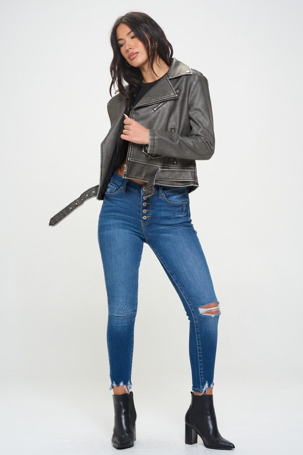 Coalition LA Zip Up Biker Jacket with BeltThis zip-up biker jacket features a stylish design with a notched lapel and a belt for a trendy look. The asymmetrical zipper adds an edgy touch to the jacket. Two zCoalition LA ZipCoalition LA Zip