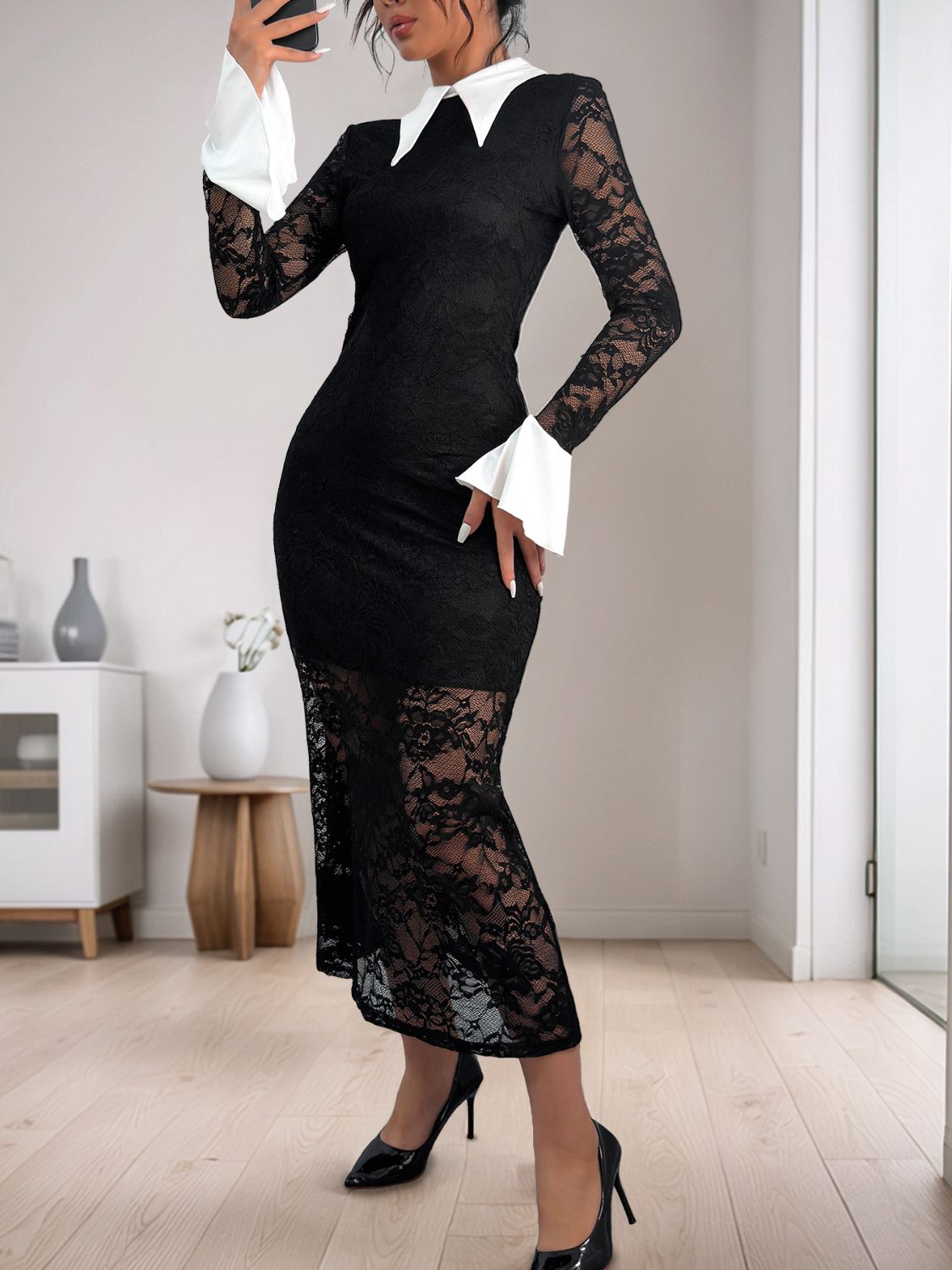 Perfee Lace Contrast Collared Neck Long Sleeve Midi DressFeatures: Lace, Ruffled, Buttoned
Sheer: Semi-sheer
Stretch: Highly stretchy
Body: Lined
Material composition: 85% polyamide, 15% elastane
Care instructions: MachinePerfee Lace Contrast Collared Neck Long Sleeve Midi DressPerfee Lace Contrast Collared Neck Long Sleeve Midi Dress