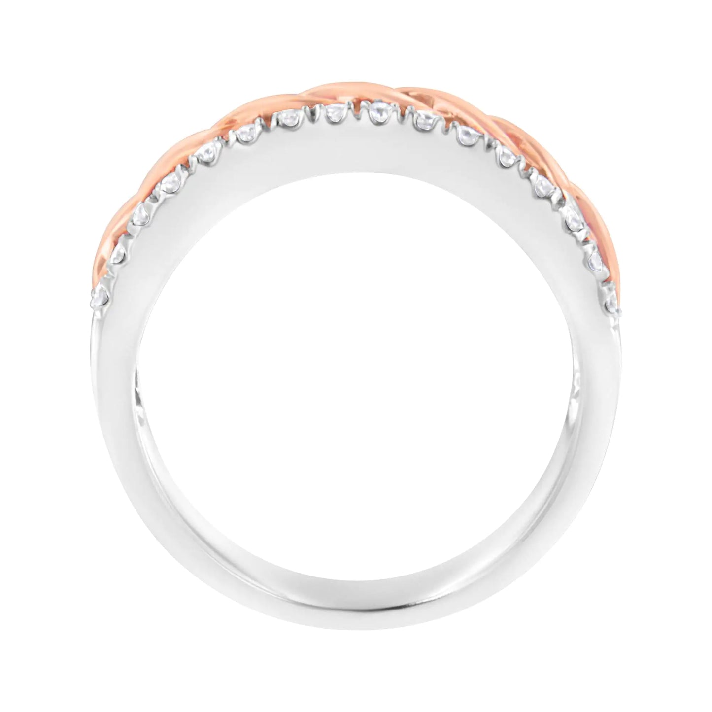 10K White and Rose Gold 1/3 Cttw Diamond Split Shank and Infinity RibbYou will love this uniquely designed split shank ring in gleaming 10k white gold. A central infinity ribbon motif in 10k rose gold runs throughout the ring and is fl10K WhiteRings10K White