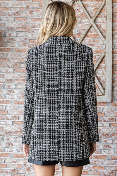 First Love Full Size Lurex Mixed Tweed One Button BlazerThe Lurex Mixed One Button Closure Tweed Jacket exudes a chic and sophisticated vibe. It features a classic blazer collar and long sleeves, creating a refined silhouLove Full Size Lurex Mixed TweedLove Full Size Lurex Mixed Tweed