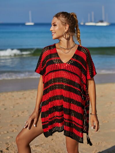 Angel Wings Tassel Openwork Striped V-Neck Cover UpFeatures: Openwork, Slit
Sheer: Semi-sheer
Stretch: Moderate stretch
Material composition: 100% polyester
Care instructions: Machine wash cold. Tumble dry low.
ImporAngel Wings Tassel Openwork StripedAngel Wings Tassel Openwork Striped