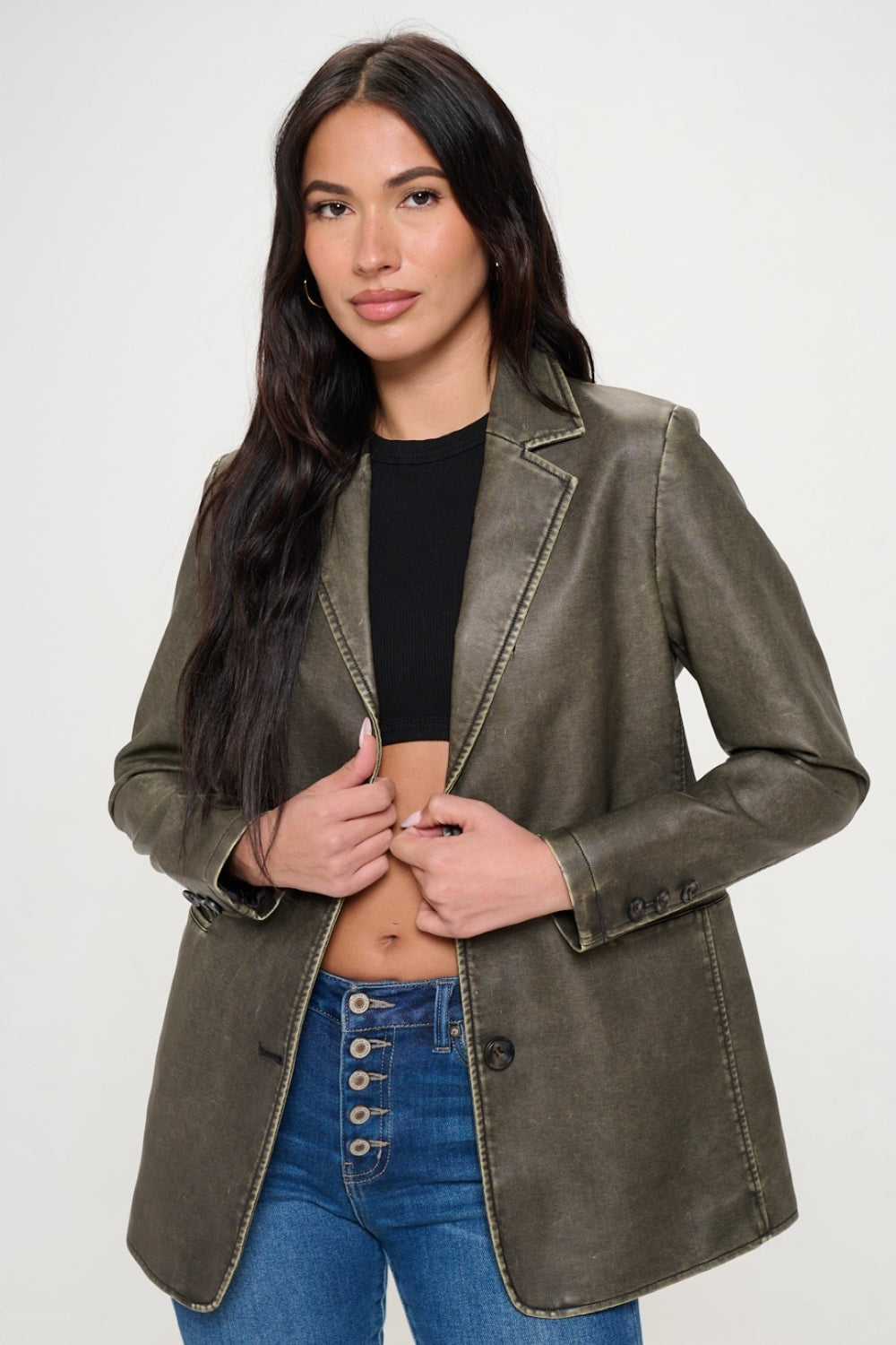 Coalition LA Single-Breasted Vegan Leather BlazerThis single-breasted vegan leather blazer offers a sleek and stylish look. Made from cruelty-free materials, it's a chic and ethical choice. Perfect for adding a touCoalition LA Single-Breasted Vegan Leather BlazerCoalition LA Single-Breasted Vegan Leather Blazer