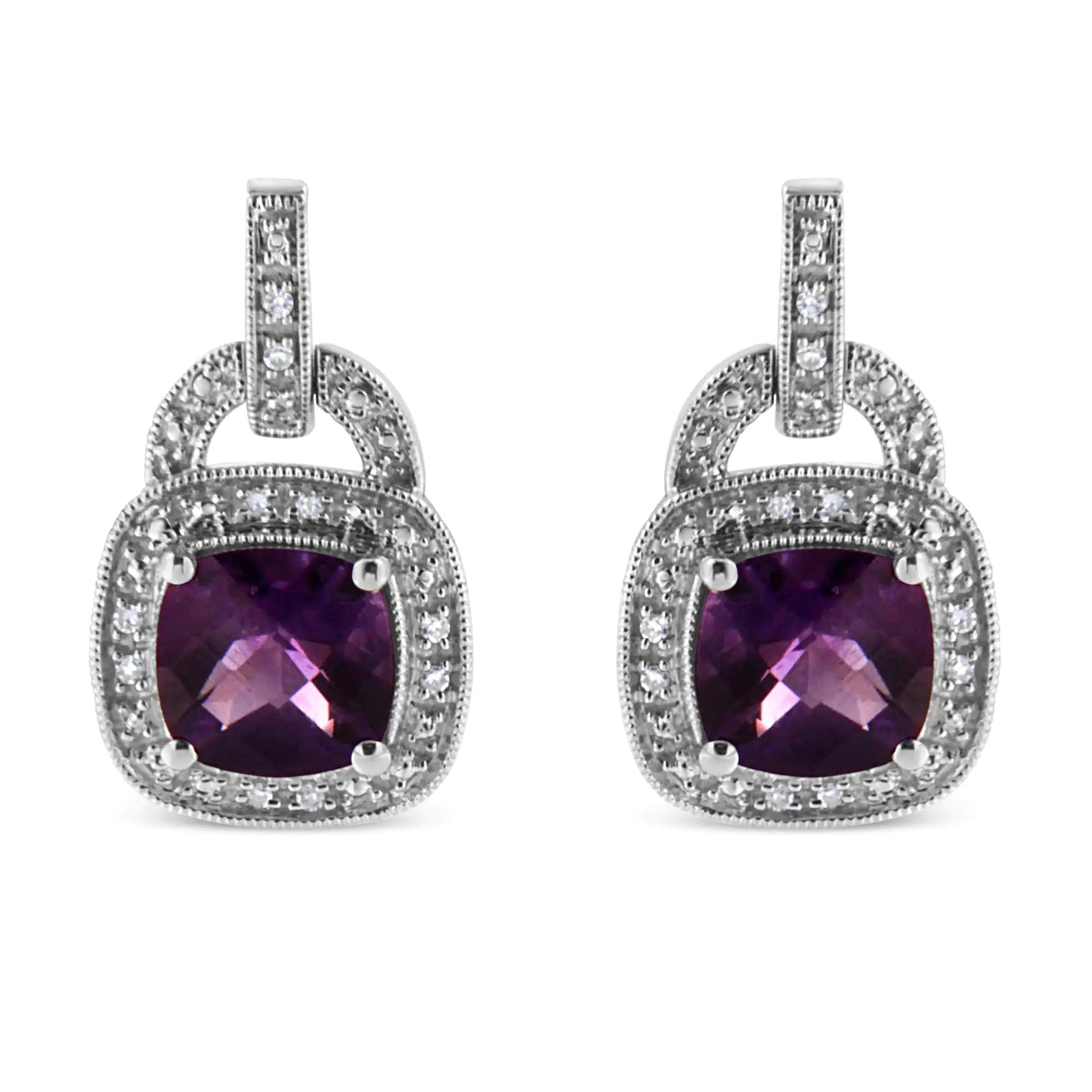 925 sterling silver dangle earrings with 8MM cushion-shaped amethyst and diamond accents.