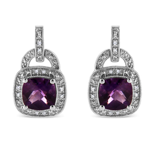 925 sterling silver dangle earrings with 8MM cushion-shaped amethyst and diamond accents.