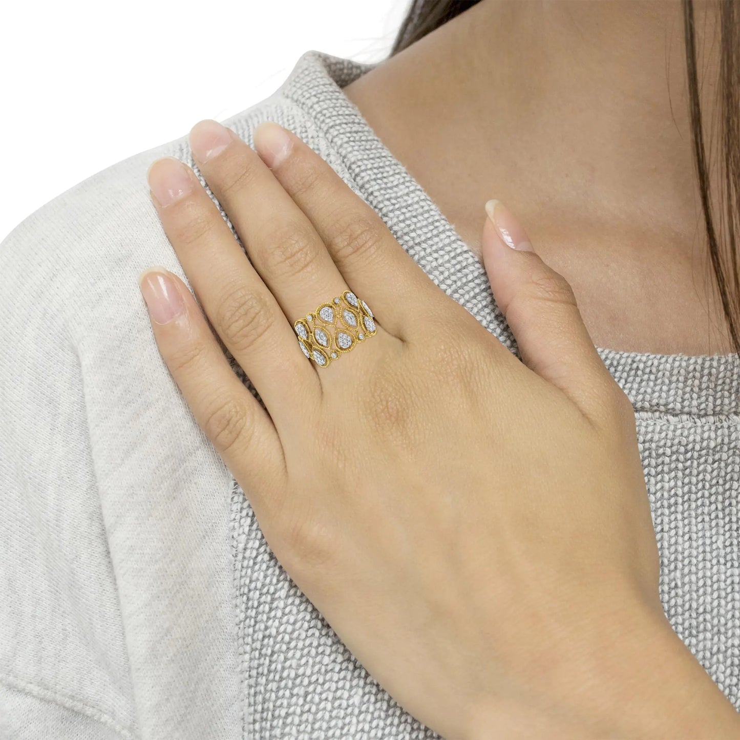 14K Yellow Gold Diamond Art Deco Ring (1/2 Cttw, H-I Color, I1 ClarityThis 14kt yellow gold band brings a mix of a art deco looks with floral elegance to your hand. Pear-inspired clusters and bezel accents are interwoven within a latti14K Yellow Gold Diamond Art Deco Ring 12 Cttw14K Yellow Gold Diamond Art Deco Ring 12 Cttw