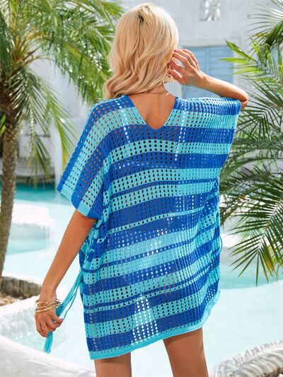 Angel Wings Tassel Openwork Striped V-Neck Cover UpFeatures: Openwork, Slit
Sheer: Semi-sheer
Stretch: Moderate stretch
Material composition: 100% polyester
Care instructions: Machine wash cold. Tumble dry low.
ImporAngel Wings Tassel Openwork StripedAngel Wings Tassel Openwork Striped