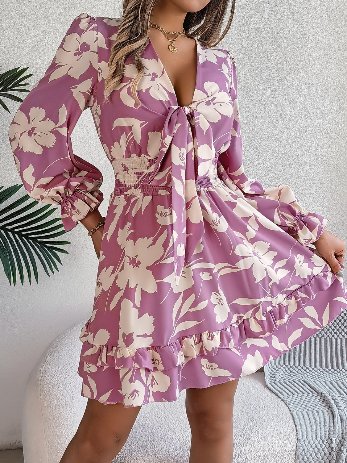 Tied Ruffled Printed Long Sleeve DressFeatures: Ruffled, Tied
Sheer: Opaque
Stretch: No stretch
Body: Not lined
Material composition: 100% polyester
Care instructions: Machine wash cold. Tumble dry low.
Tied Ruffled Printed Long Sleeve DressTied Ruffled Printed Long Sleeve Dress