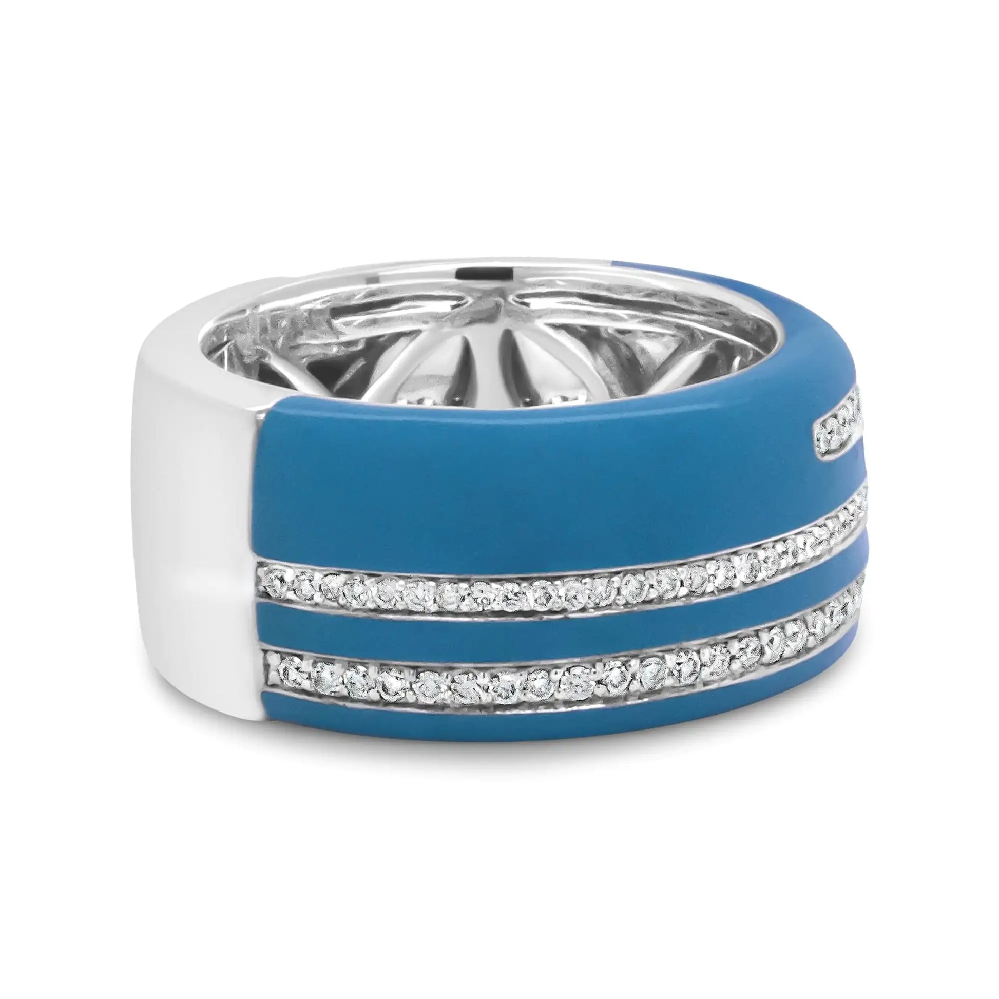 Sterling Silver Turquoise Enamel Round Diamond Wide Band Statement Ring