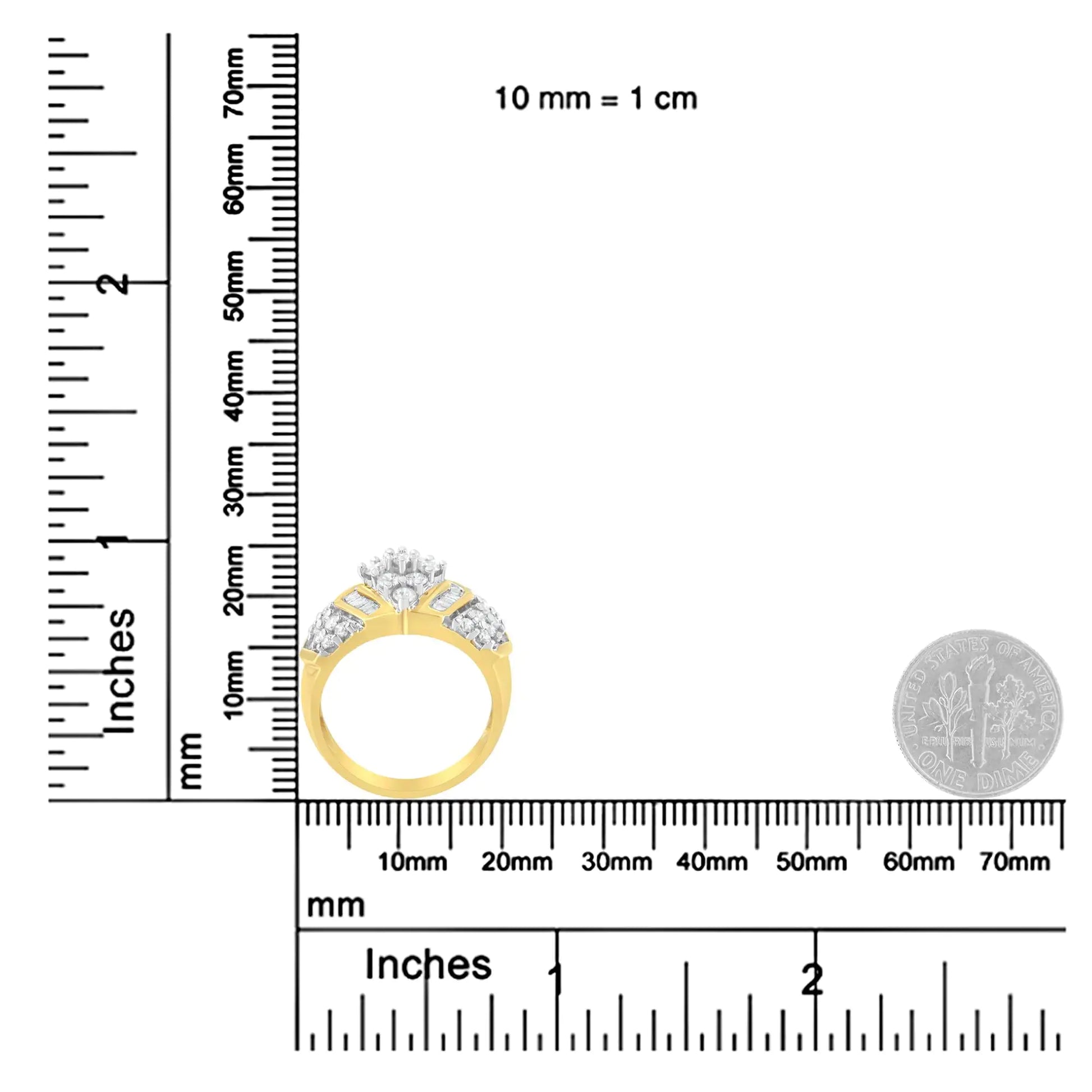 10K Yellow and White Gold 1.00 Cttw Round and Baguette-Cut Diamond CluUniquely beautifully, this beautiful ring has a geometric design embellished with an impressive total diamond weight of 1.00 c.t. The band is crafted in 10k yellow gWhite Gold 1RingsWhite Gold 1