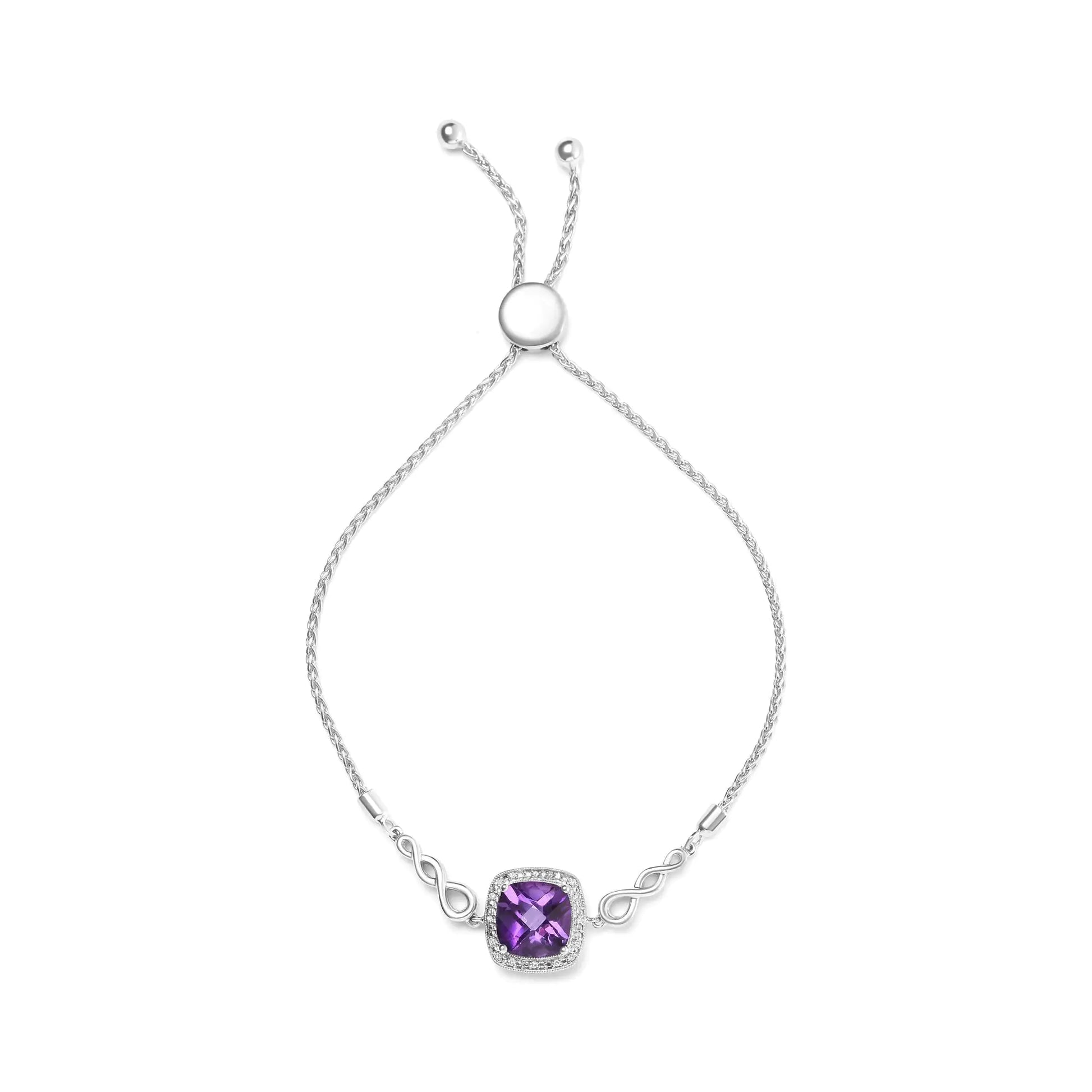 Sterling Silver 10mm Cushion Cut Amethyst Gemstone Bolo Bracelet