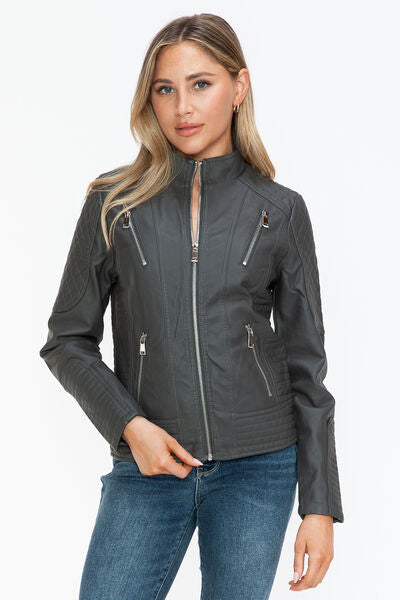 Snobbish Faux Leather Zip Up Mock Neck JacketThe Faux Leather Zip Up Mock Neck Jacket is a sleek and versatile outerwear piece. Made from durable faux leather, this jacket features a stylish mock neck design anSnobbish Faux Leather ZipSnobbish Faux Leather Zip