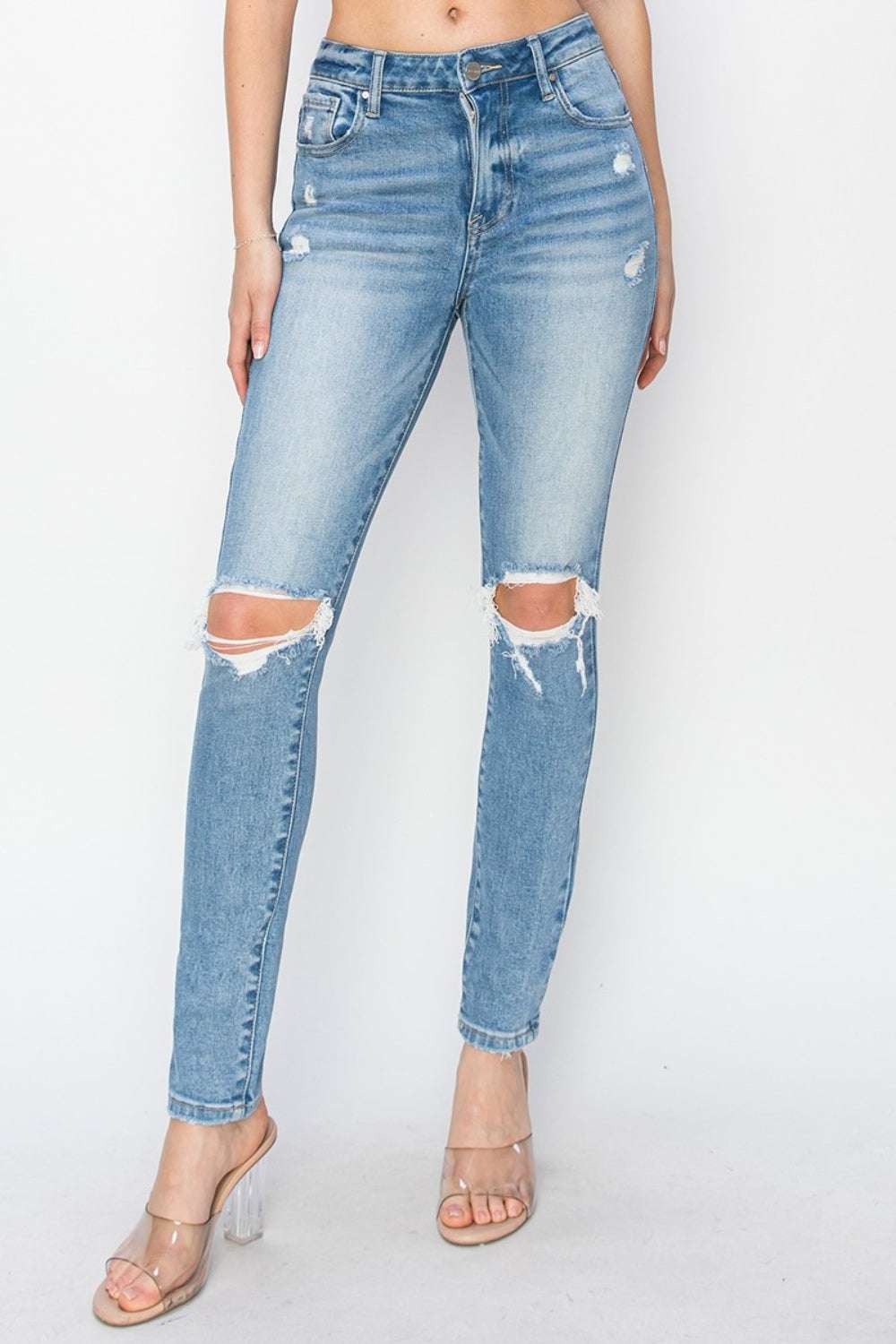 Risen Full Size High Rise Knee Distressed Skinny JeansThe High Rise Knee Distressed Skinny Jeans are a must-have for any fashion-forward wardrobe. Featuring a high-rise waist and skinny fit, these jeans offer a flatteriRisen Full Size High Rise Knee Distressed Skinny JeansRisen Full Size High Rise Knee Distressed Skinny Jeans