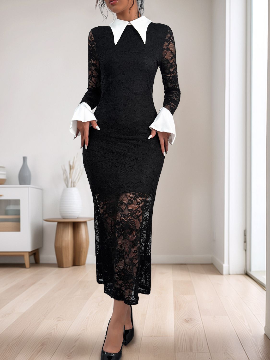 Perfee Lace Contrast Collared Neck Long Sleeve Midi DressFeatures: Lace, Ruffled, Buttoned
Sheer: Semi-sheer
Stretch: Highly stretchy
Body: Lined
Material composition: 85% polyamide, 15% elastane
Care instructions: MachinePerfee Lace Contrast Collared Neck Long Sleeve Midi DressPerfee Lace Contrast Collared Neck Long Sleeve Midi Dress