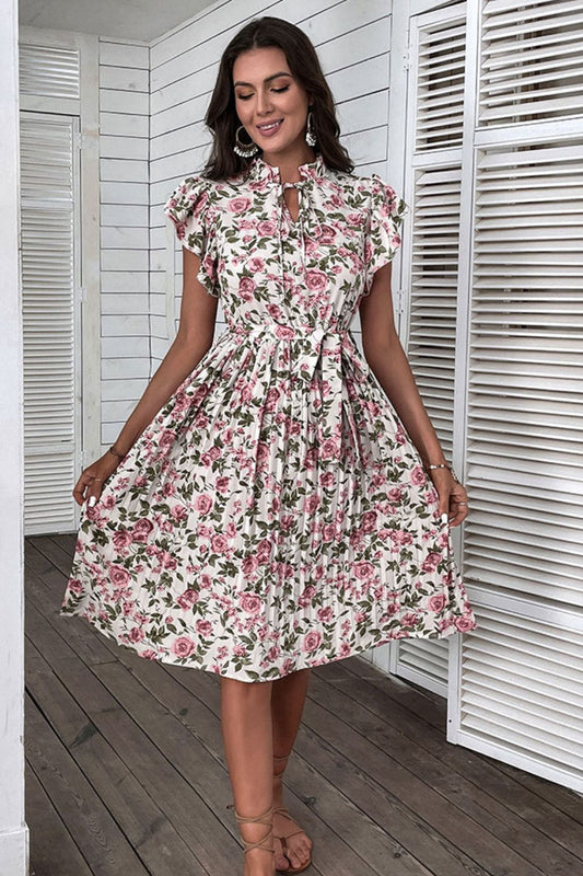 Perfee Floral Tie-Neck Flutter Sleeve Midi DressPattern: Floral
Features: Pleated, tie-waist, flutter sleeves
Neckline: Tie-neck
Stretch: No stretch
Product measurements:
S: bust 37 in, length 42 in, shoulder 14 iPerfee Floral Tie-Neck Flutter Sleeve Midi DressPerfee Floral Tie-Neck Flutter Sleeve Midi Dress