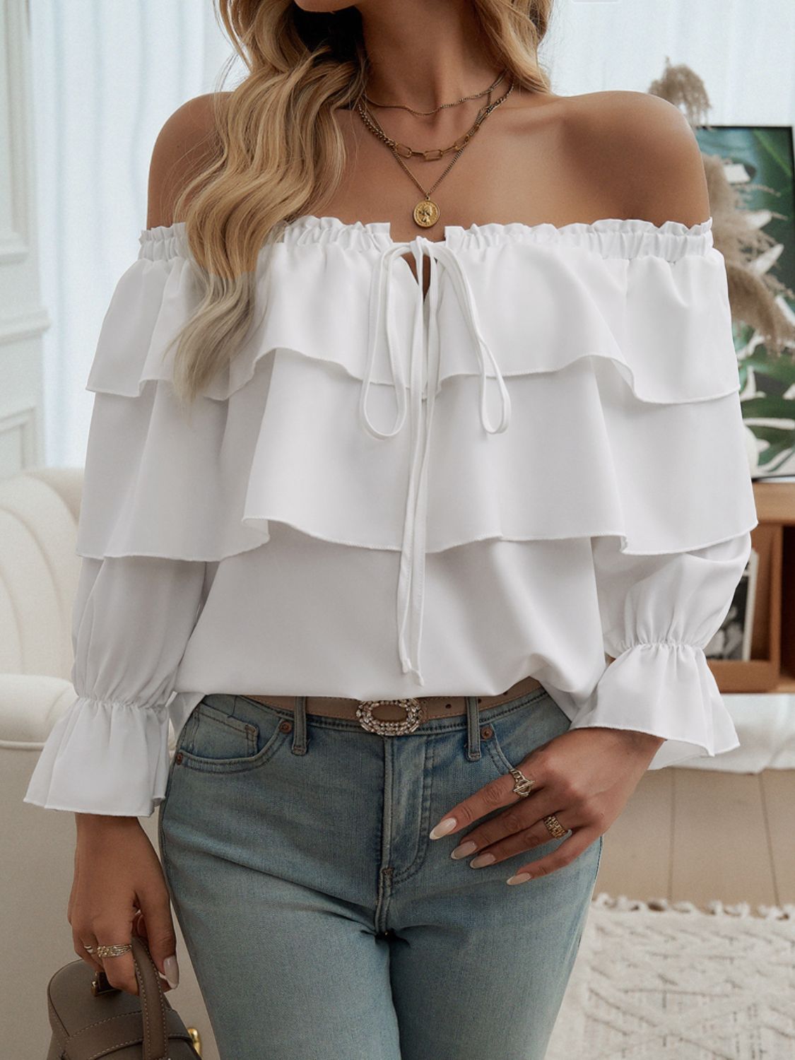 Devine Off-Shoulder Flounce Sleeve BlouseFeatures: Drawstring, Ruffled
Sheer: Opaque
Stretch: No stretch
Material composition: 100% polyester
Care instructions: Machine wash cold. Tumble dry low.
Imported
P-Shoulder Flounce Sleeve BlouseTee Shirt-Shoulder Flounce Sleeve Blouse