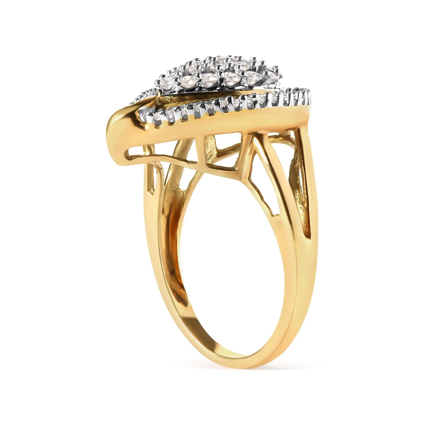 10K Yellow Gold 1 Cttw Round and Baguette Cut Diamond Ballerina ClusteIndulge in the elegance of this 10K Yellow Gold Ballerina Cluster Ring, adorned with 66 natural diamonds totaling 1.0 cttw. The round and baguette cut diamonds are c10K Yellow Gold 1 Cttw Round10K Yellow Gold 1 Cttw Round