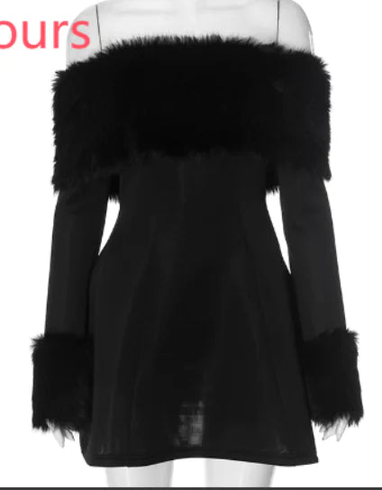 Chic Fluffy Fur Collar Patchwork Black Mini DressProduct Description:Turn heads wherever you go with the Chic Fluffy Fur Collar Patchwork Black Mini Dress, a stunning blend of bold style and modern sophistication. Chic Fluffy Fur Collar Patchwork Black Mini DressChic Fluffy Fur Collar Patchwork Black Mini Dress