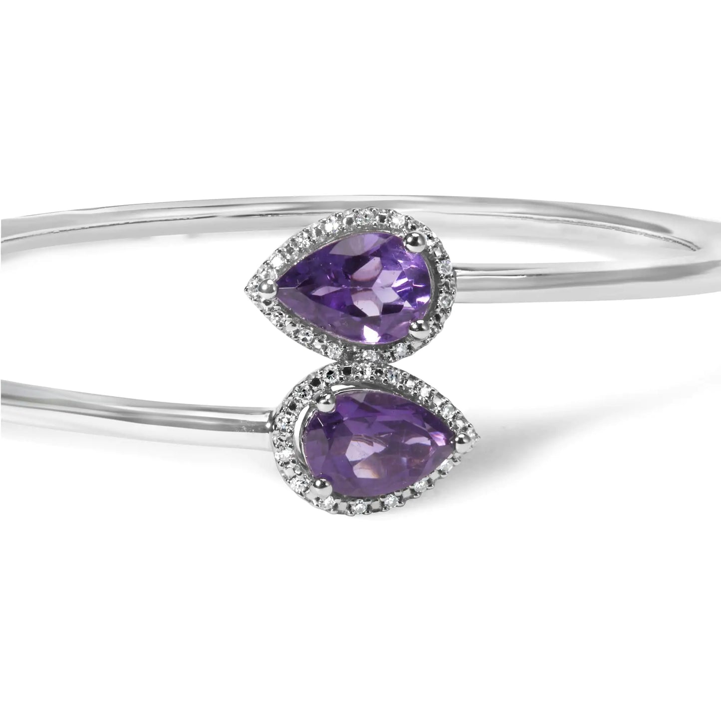 Sterling Silver Pear Shape Amethyst & Diamond Accent Halo Bangle Bracelet