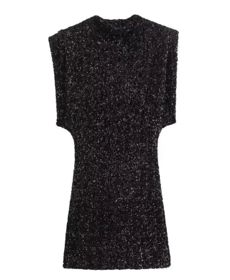 Winter Elegance: Sleeveless Strap Padded Shoulder Mini Dress with Bead Decoration