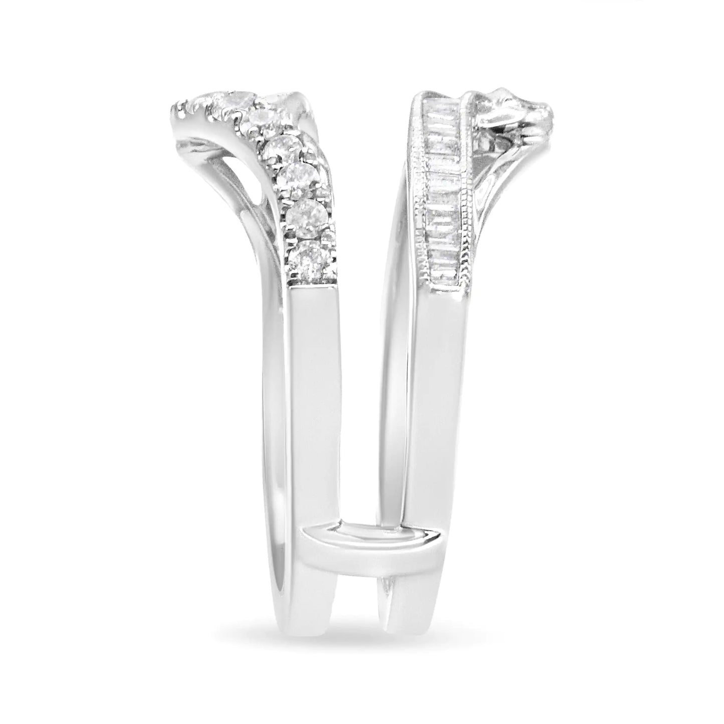 14K White Gold 0.65 Cttw Round and Baguette Invisible-Set Diamond EnhaThis sparkling ring enhancer is a piece that will instantly elevate her bridal or diamond solitaire ring. The look displays a top and bottom row of round diamonds in14K White Gold 014K White Gold 0